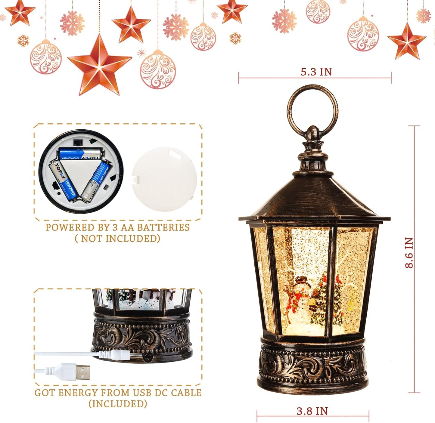 Christmas Snow Globe Lantern-Water Lantern with Music and Christmas Snowman-Usb or Battery-Powered Christmas Lanterns, Rotating Flashing Lanterns, Christmas Decorations(Snowman)