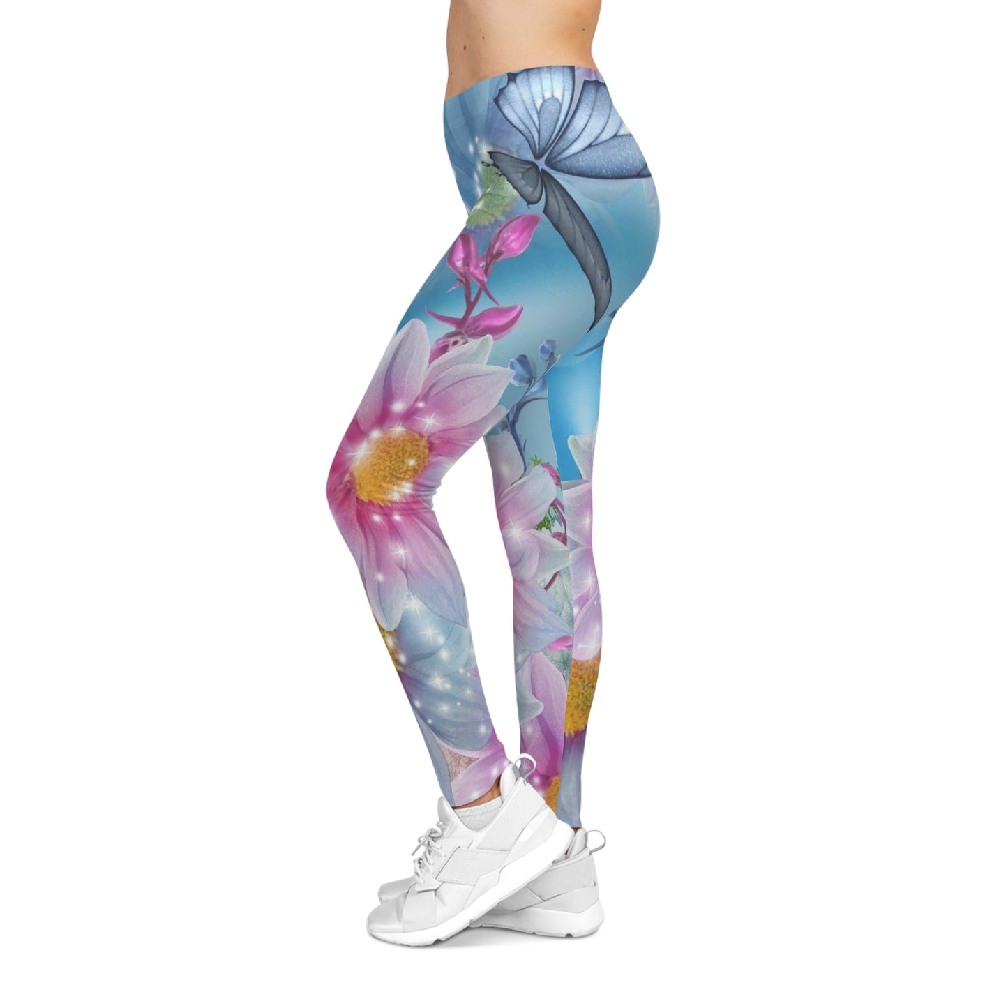 Floral Sparkle Leggings — Pastel Daisy & Butterfly All-Over Print