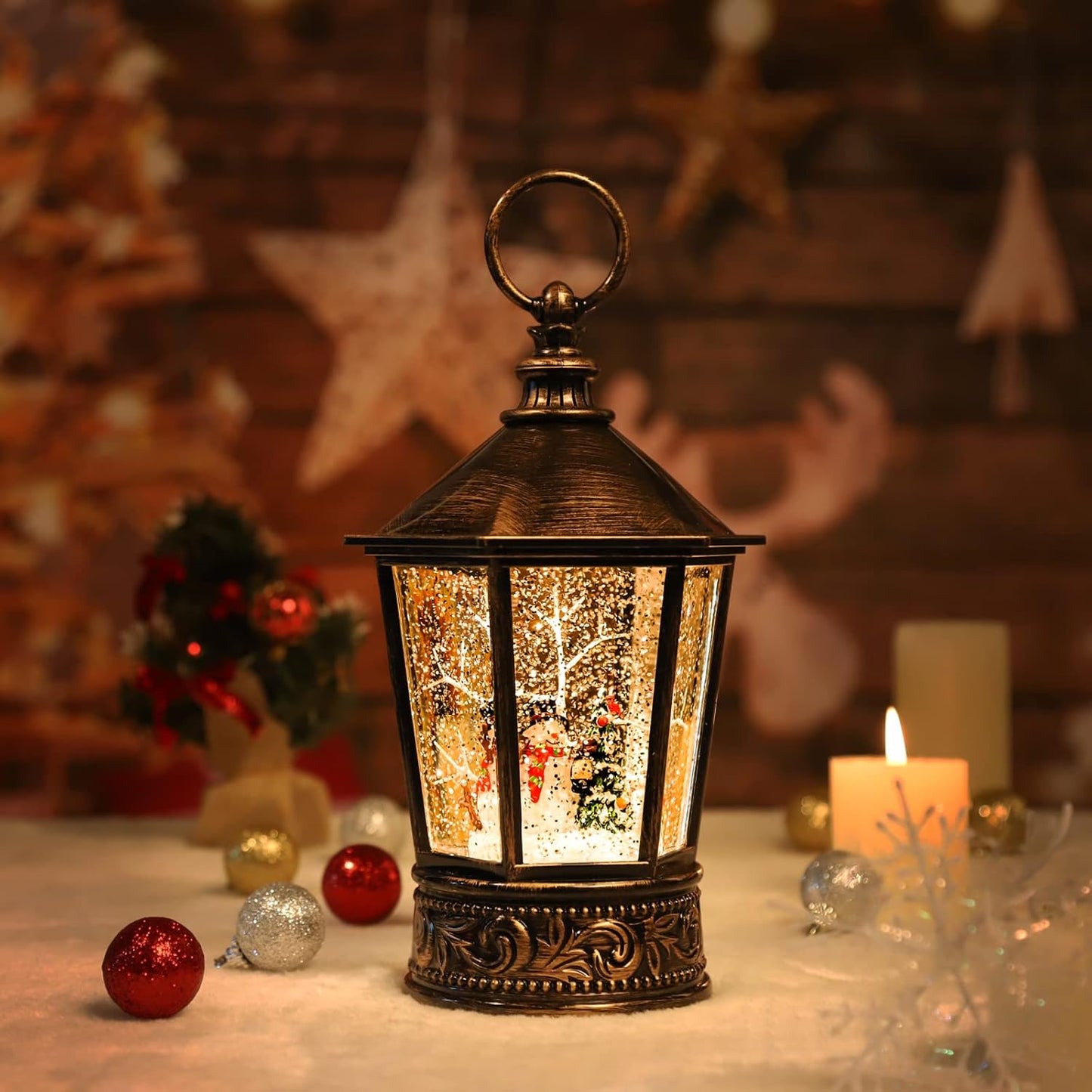 Christmas Snow Globe Lantern-Water Lantern with Music and Christmas Snowman-Usb or Battery-Powered Christmas Lanterns, Rotating Flashing Lanterns, Christmas Decorations(Snowman)