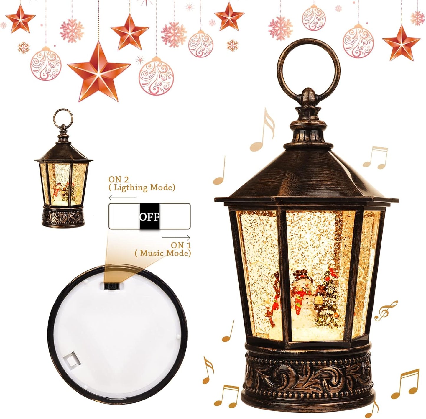 Christmas Snow Globe Lantern-Water Lantern with Music and Christmas Snowman-Usb or Battery-Powered Christmas Lanterns, Rotating Flashing Lanterns, Christmas Decorations(Snowman)