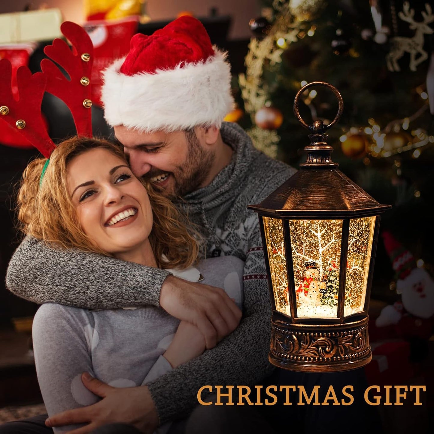 Christmas Snow Globe Lantern-Water Lantern with Music and Christmas Snowman-Usb or Battery-Powered Christmas Lanterns, Rotating Flashing Lanterns, Christmas Decorations(Snowman)