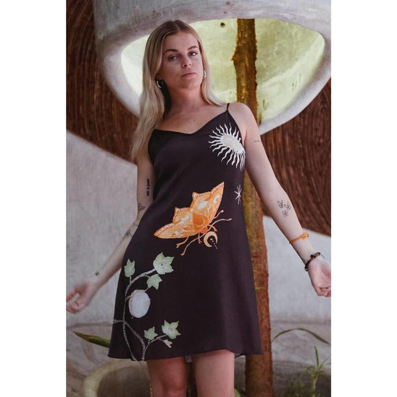 Vela Silk Slip Dress in Black Jungle Butterfly