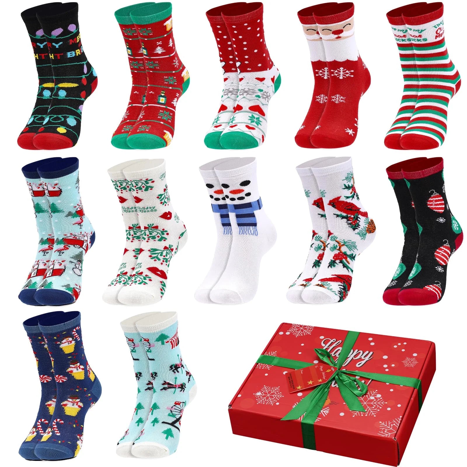 12 Pair, Women Holiday X-Mas Socks, 12 Different Designs,Christmas Gift, Size 9-11