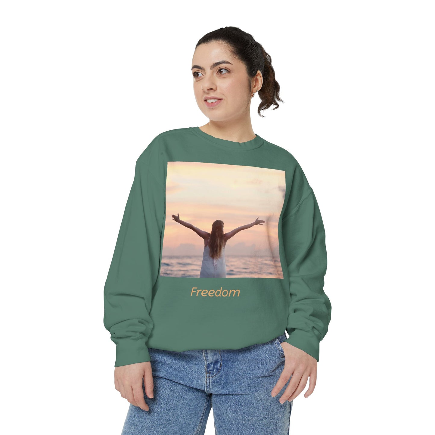 Freedom Beach Sweatshirt — Sunset Woman Photo Graphic Sweatshirt