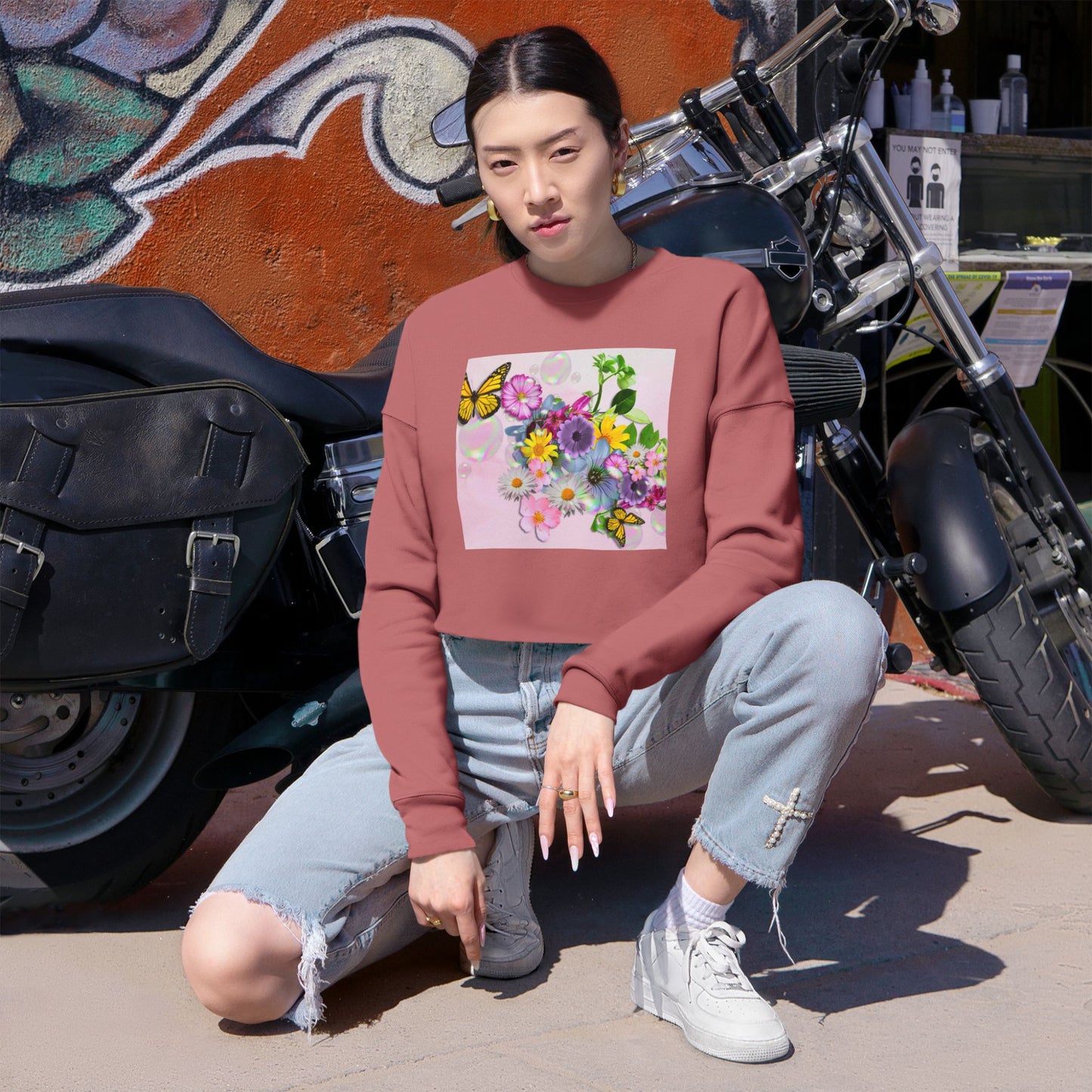 Floral Butterfly Cropped Sweatshirt — Women's Pastel Garden Graphic