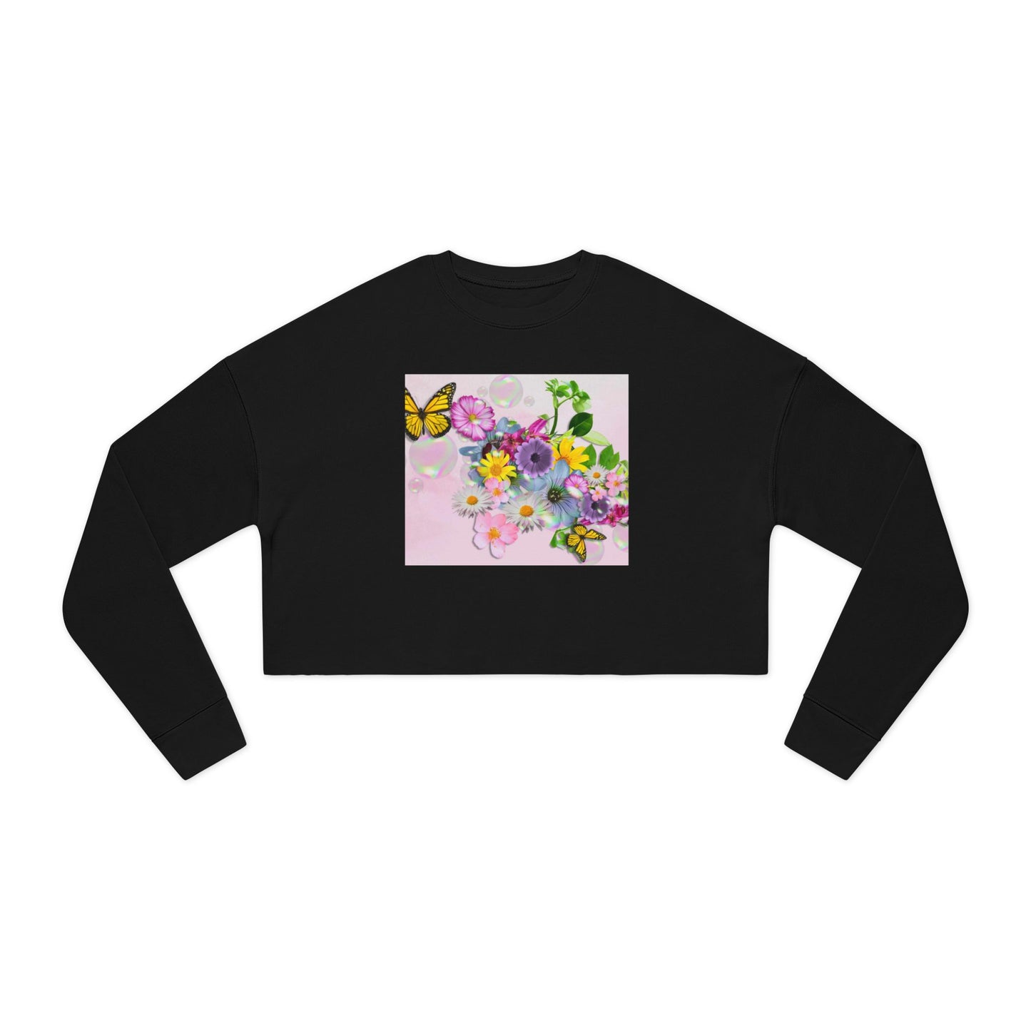 Floral Butterfly Cropped Sweatshirt — Women's Pastel Garden Graphic