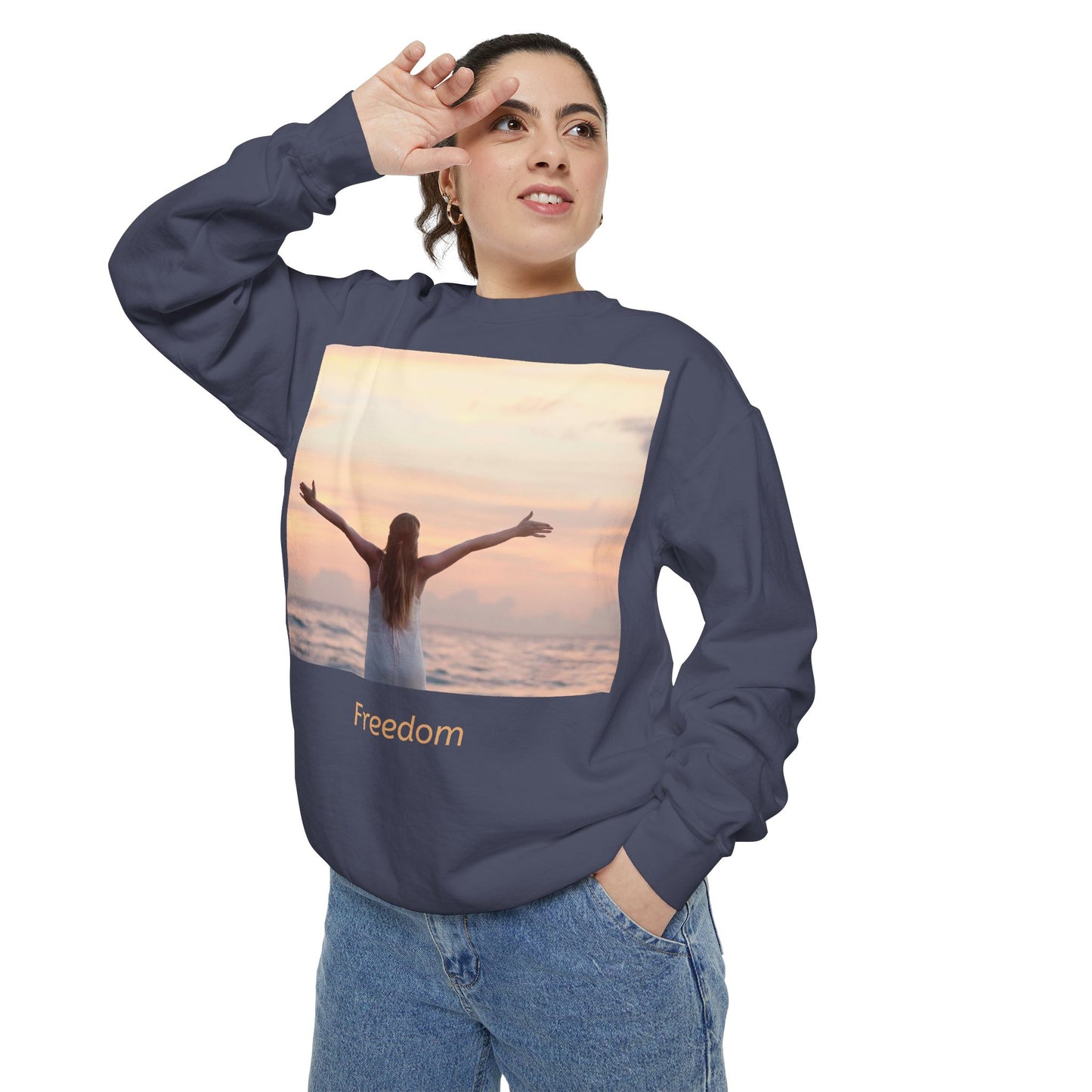 Freedom Beach Sweatshirt — Sunset Woman Photo Graphic Sweatshirt