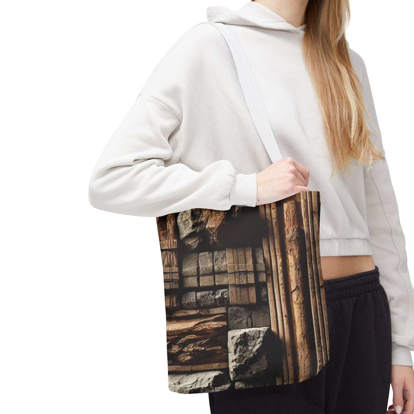 Stone Carving Pattern Tote Bag — Rustic Architectural Print All-Over Tote