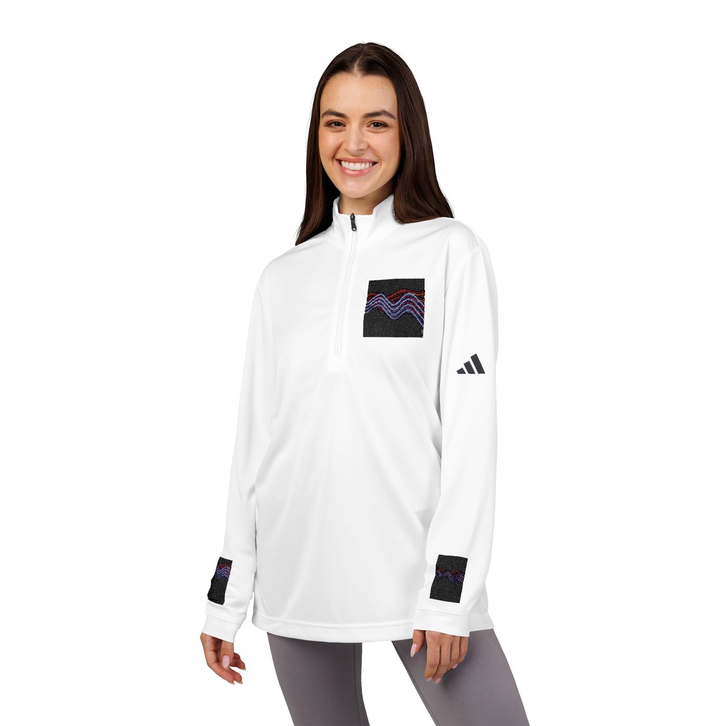 Embroidered Quarter-Zip Pullover — White Athletic Half-Zip with Abstract Patch