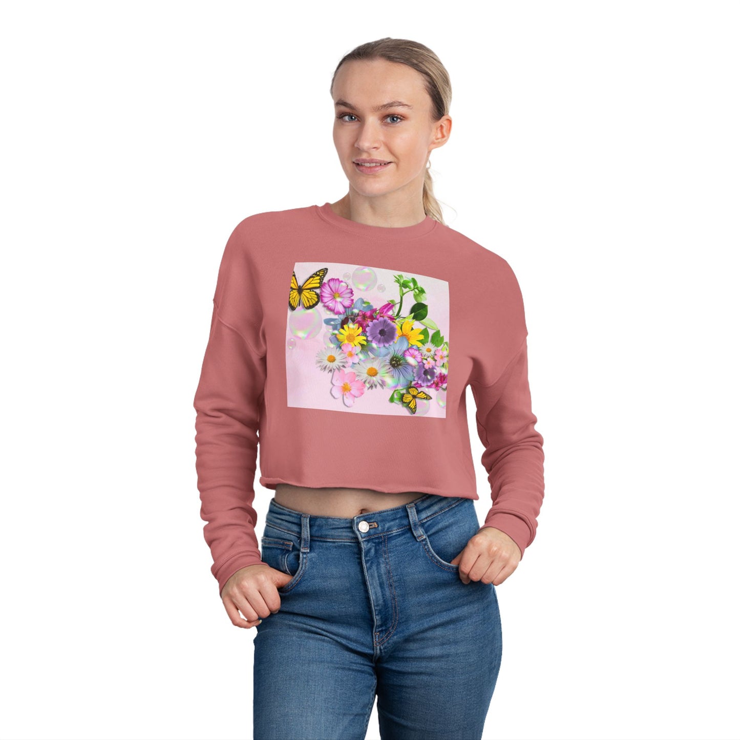 Floral Butterfly Cropped Sweatshirt — Women's Pastel Garden Graphic