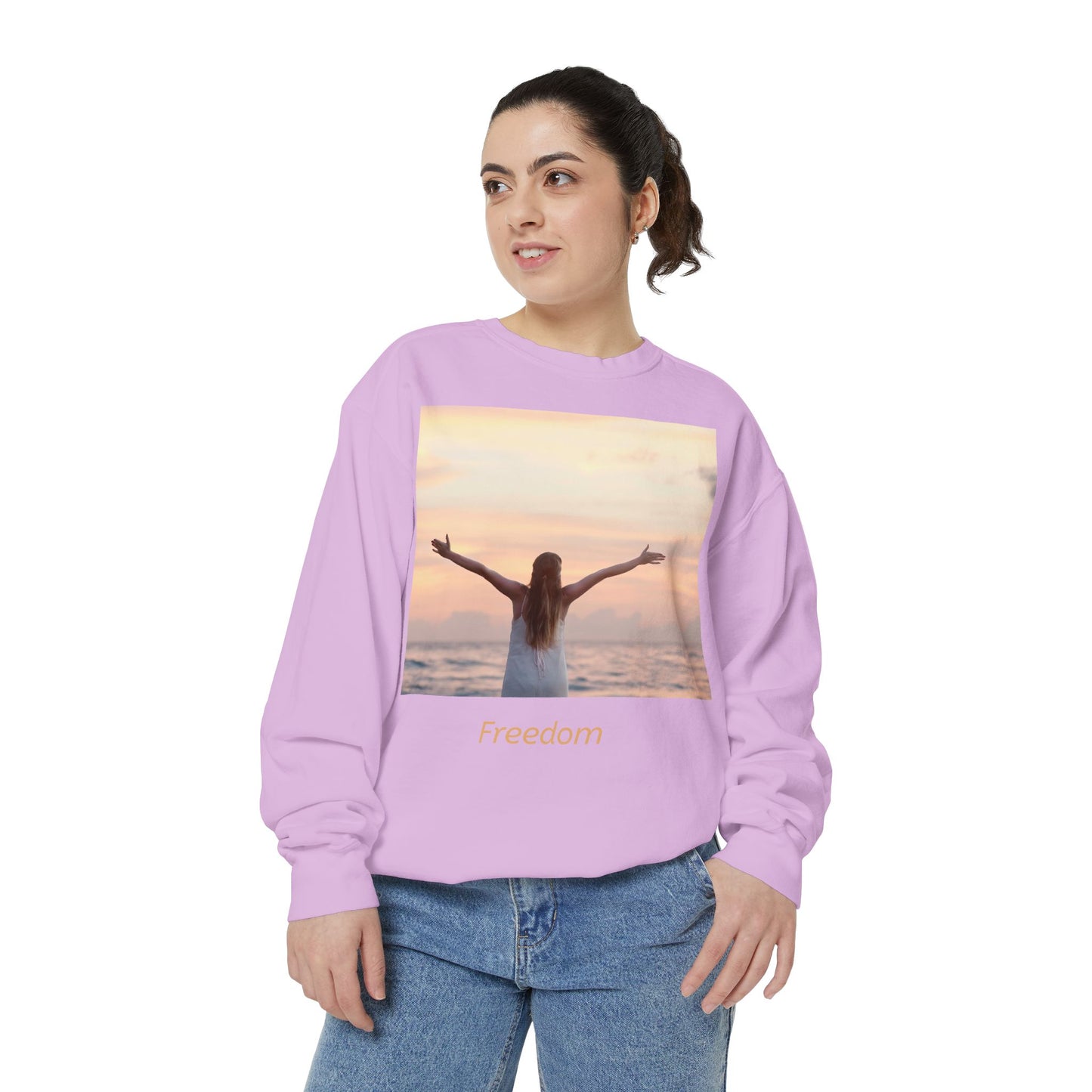 Freedom Beach Sweatshirt — Sunset Woman Photo Graphic Sweatshirt