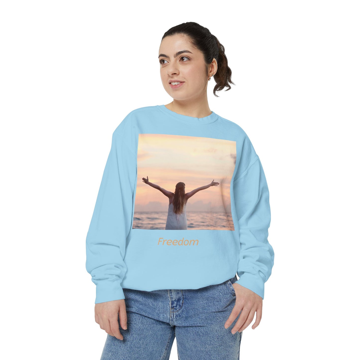 Freedom Beach Sweatshirt — Sunset Woman Photo Graphic Sweatshirt