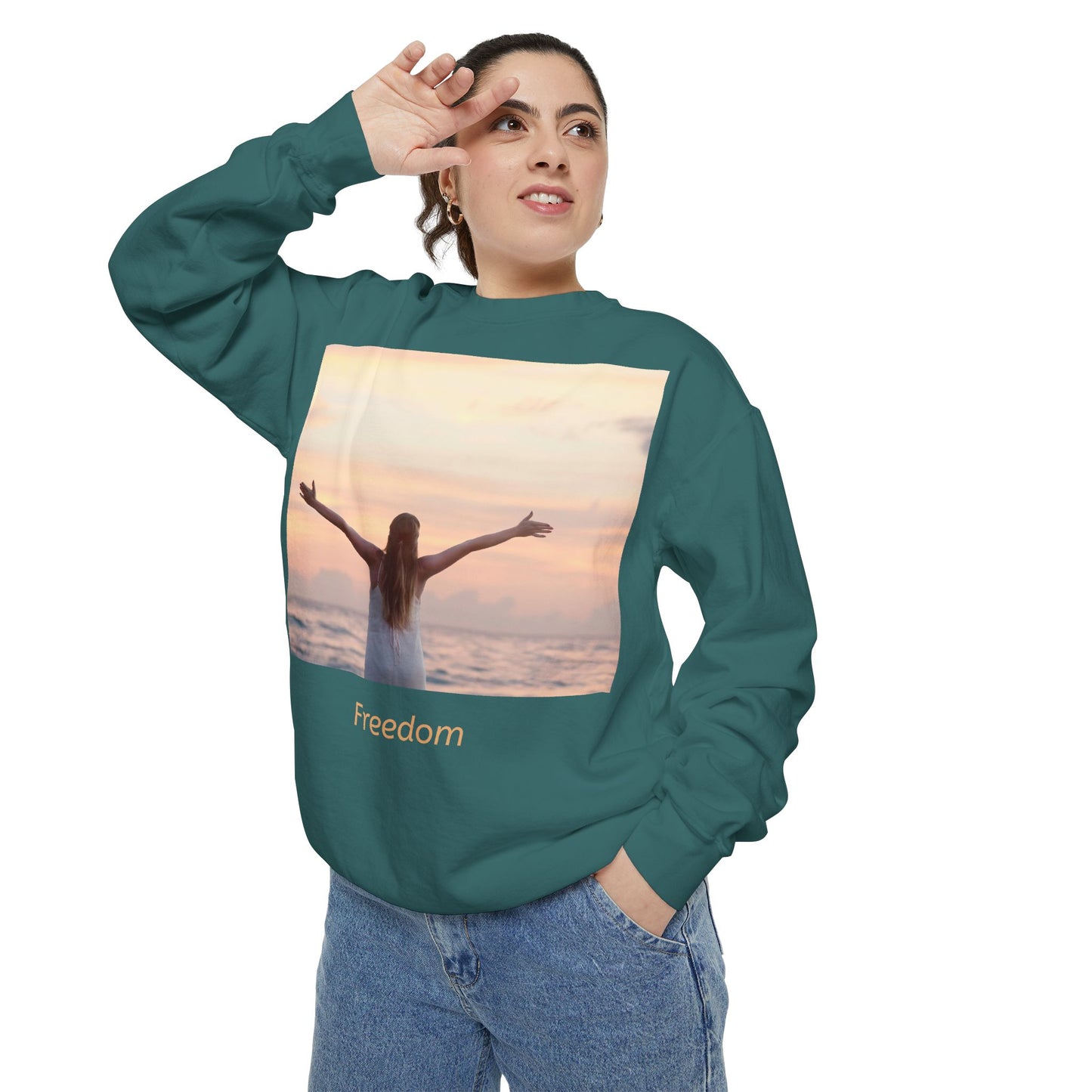 Freedom Beach Sweatshirt — Sunset Woman Photo Graphic Sweatshirt