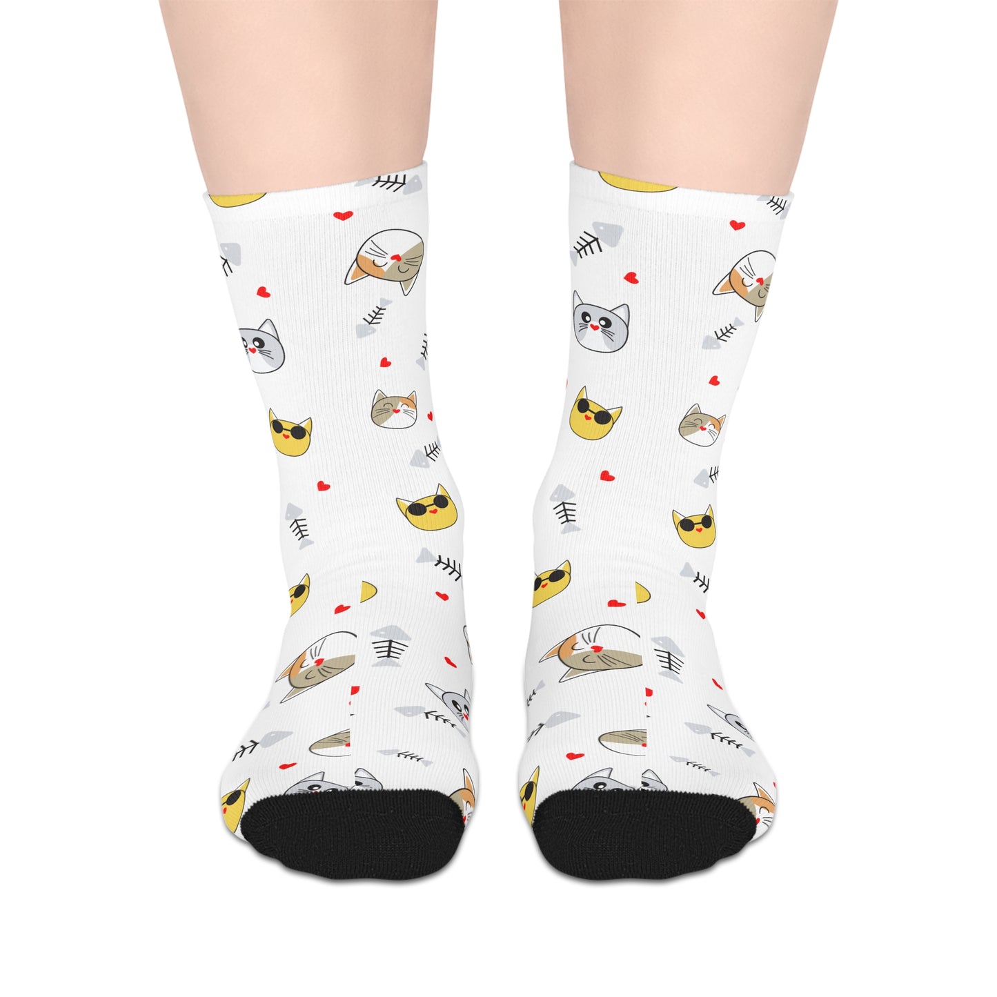 Cute Cat Faces Mid-Length Socks — White Patterned Kitten Crew Socks