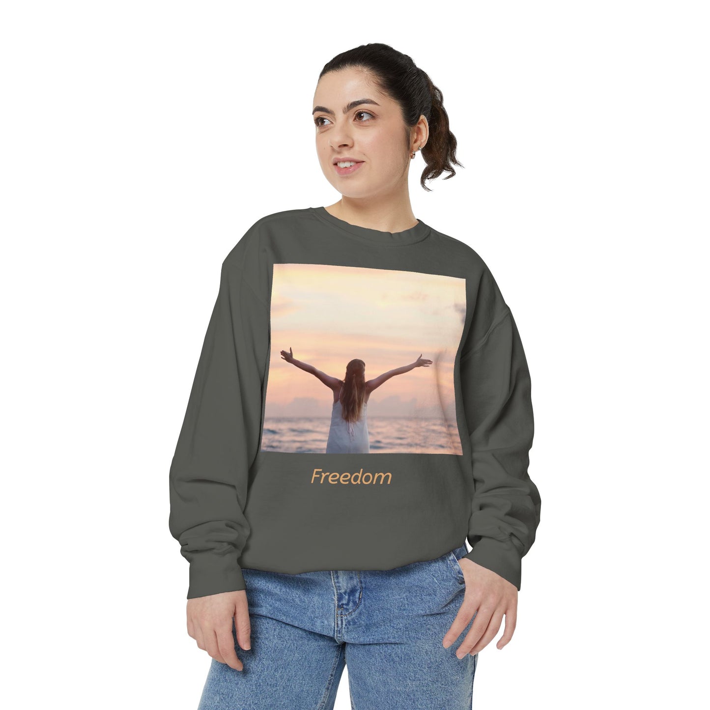 Freedom Beach Sweatshirt — Sunset Woman Photo Graphic Sweatshirt