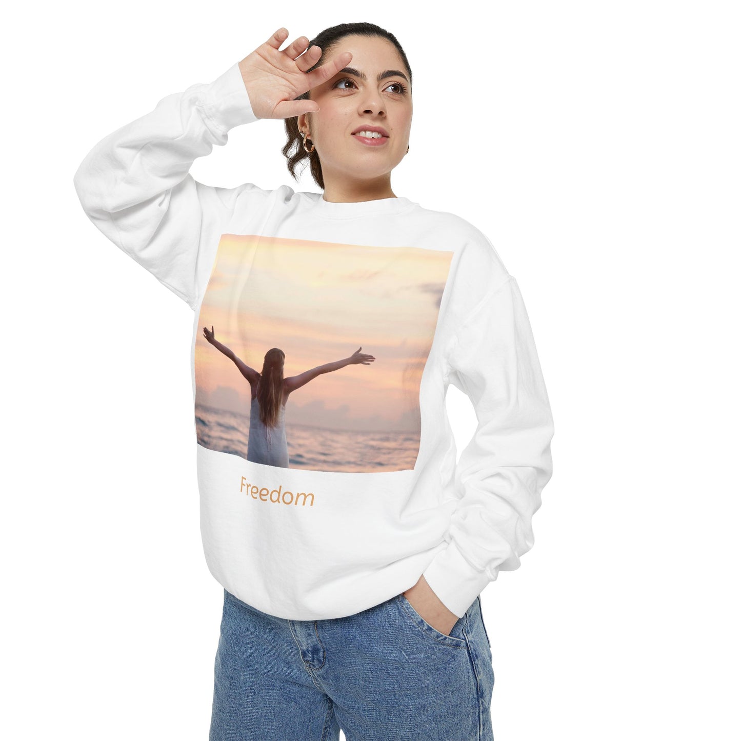 Freedom Beach Sweatshirt — Sunset Woman Photo Graphic Sweatshirt