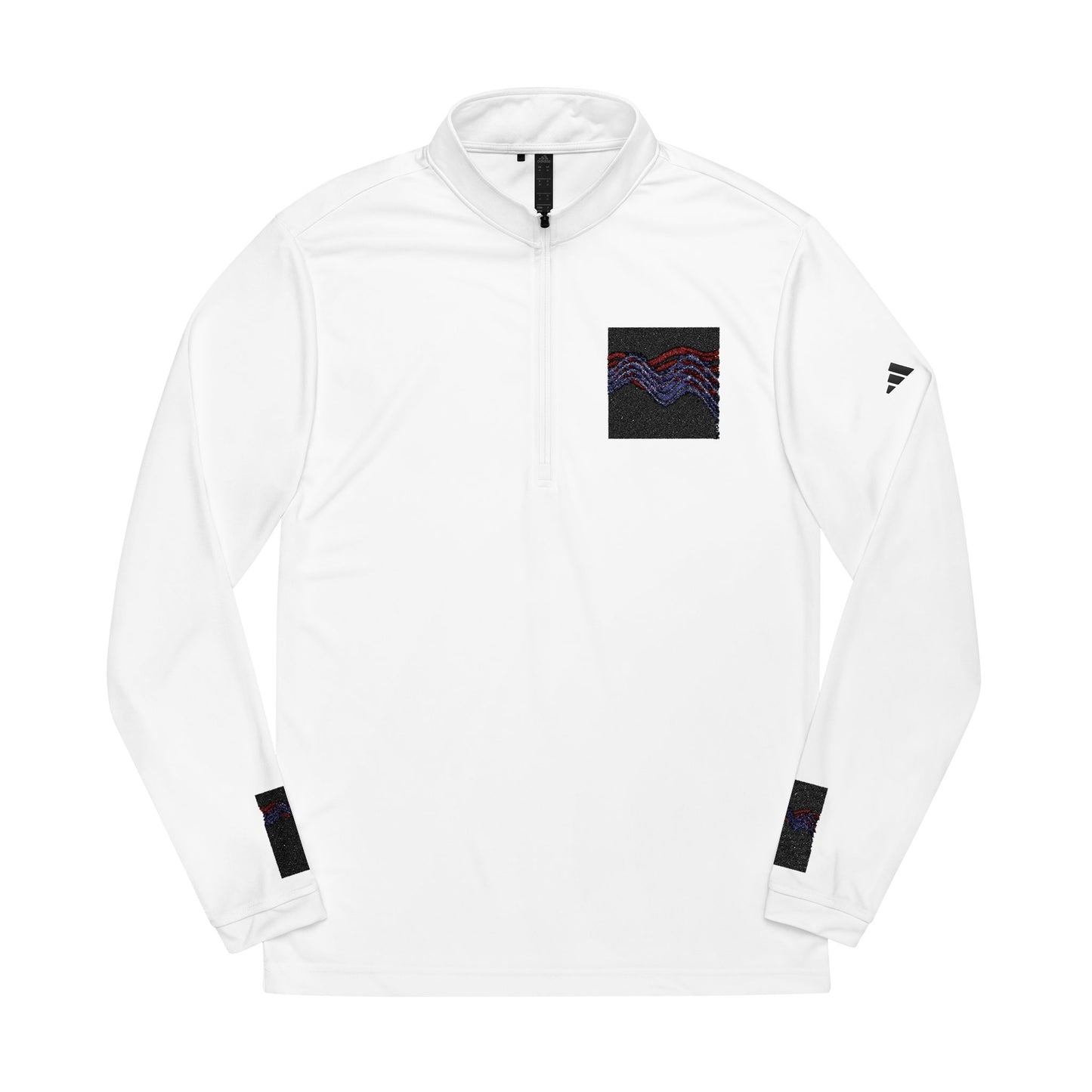 Embroidered Quarter-Zip Pullover — White Athletic Half-Zip with Abstract Patch