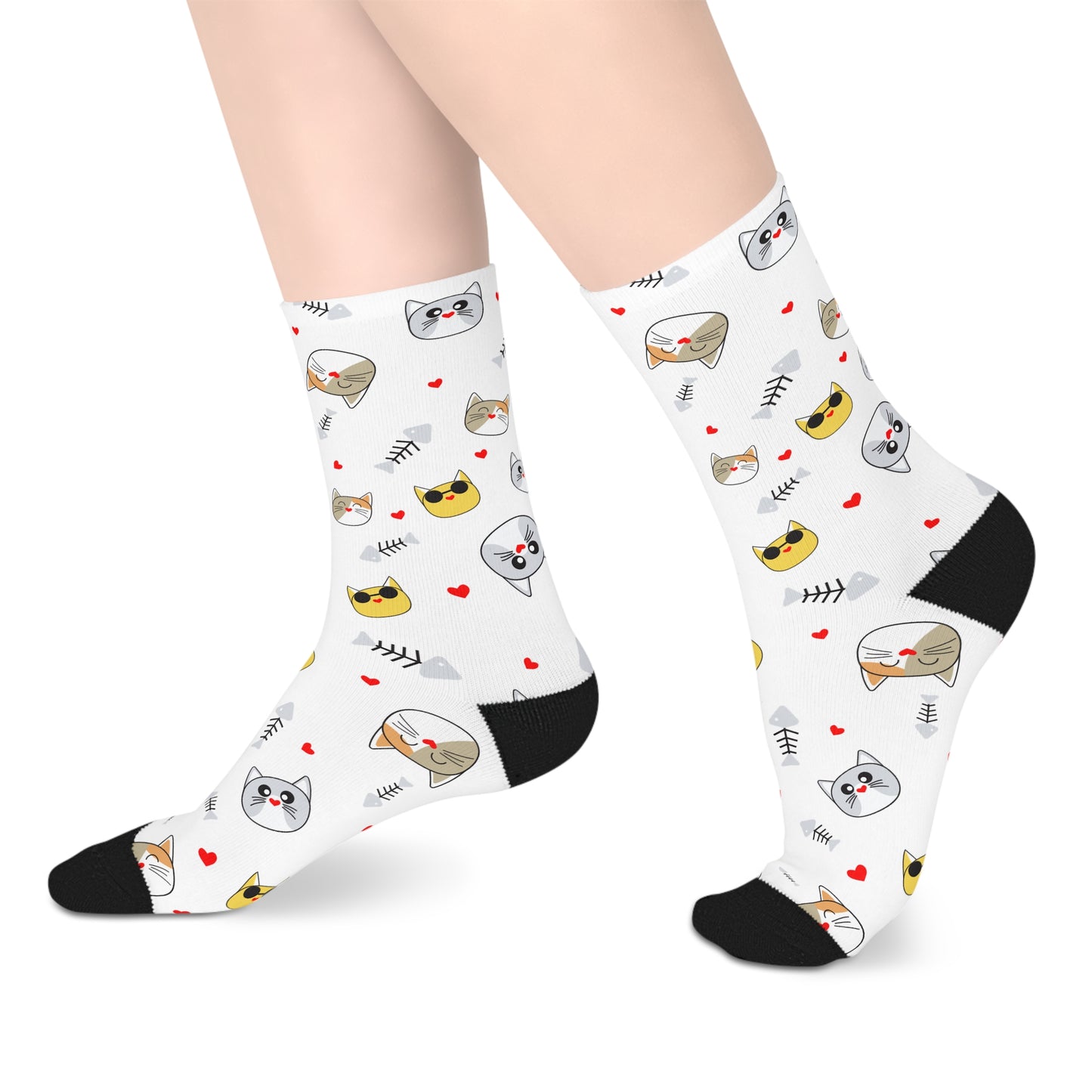 Cute Cat Faces Mid-Length Socks — White Patterned Kitten Crew Socks