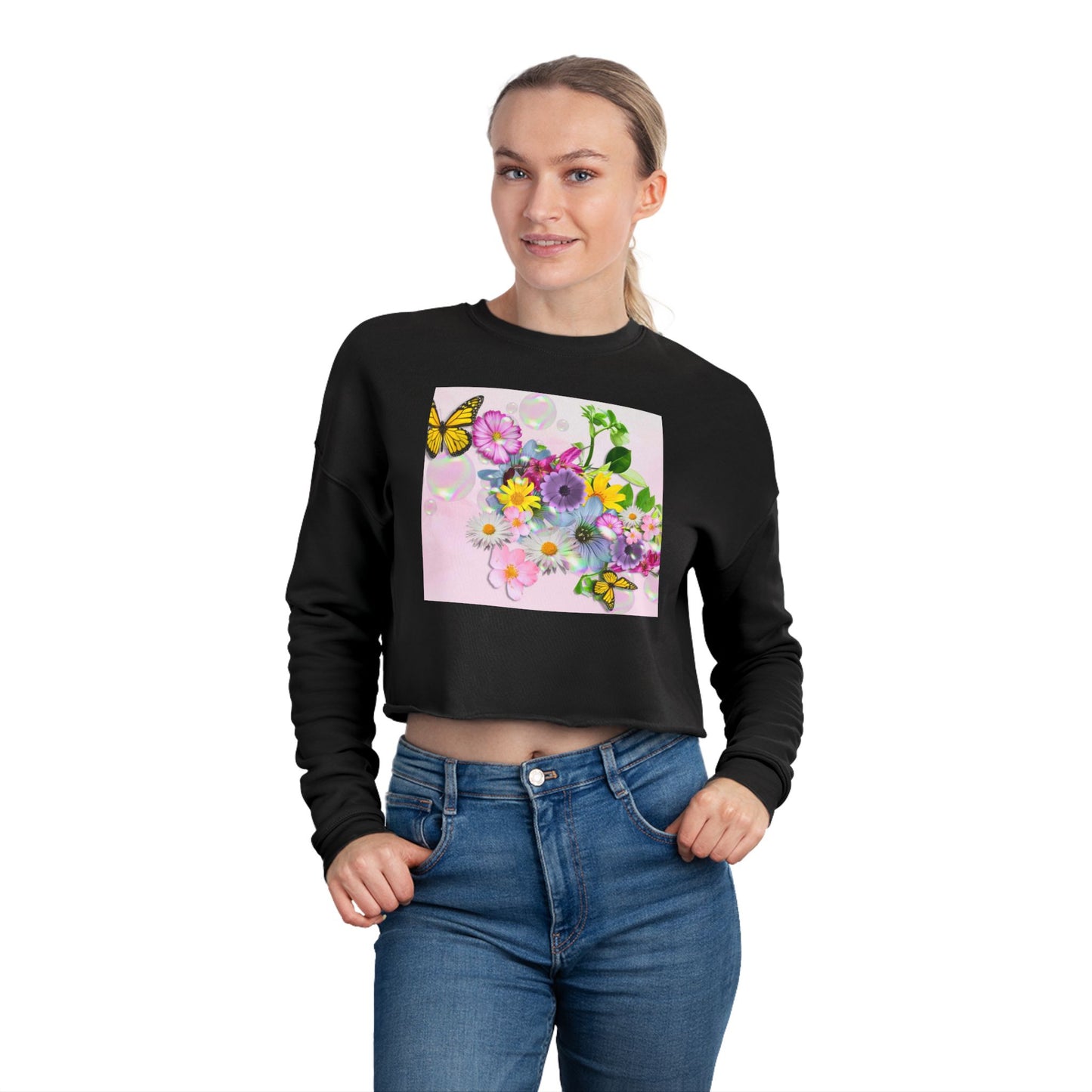 Floral Butterfly Cropped Sweatshirt — Women's Pastel Garden Graphic