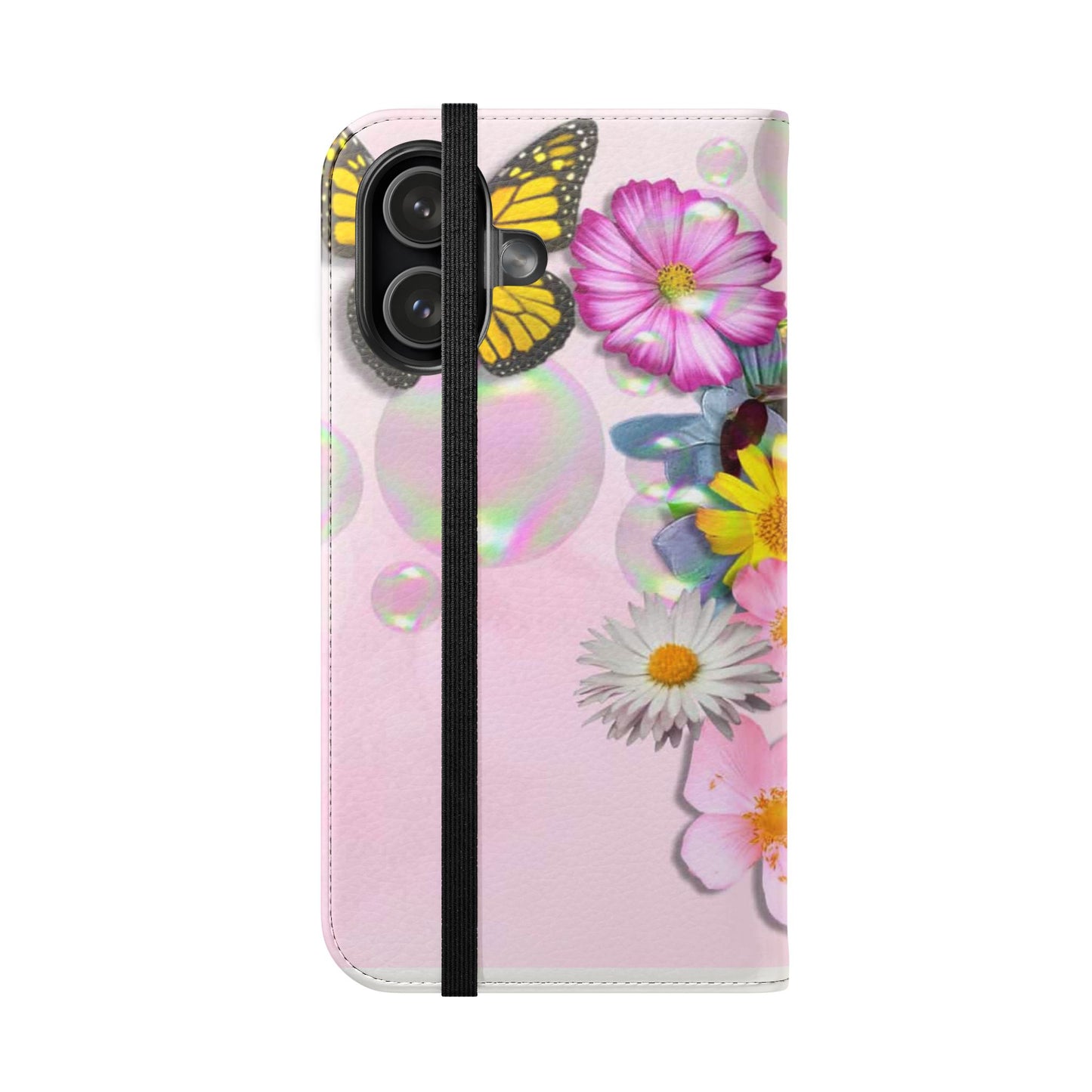 Floral Butterfly Phone Flip Case — Pink Bouquet Wallet Cover