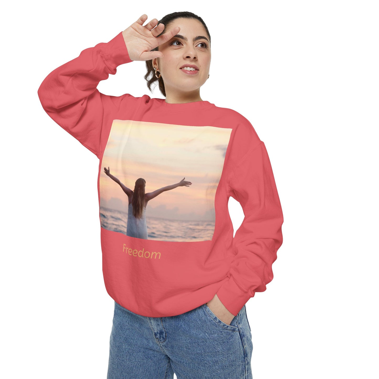 Freedom Beach Sweatshirt — Sunset Woman Photo Graphic Sweatshirt