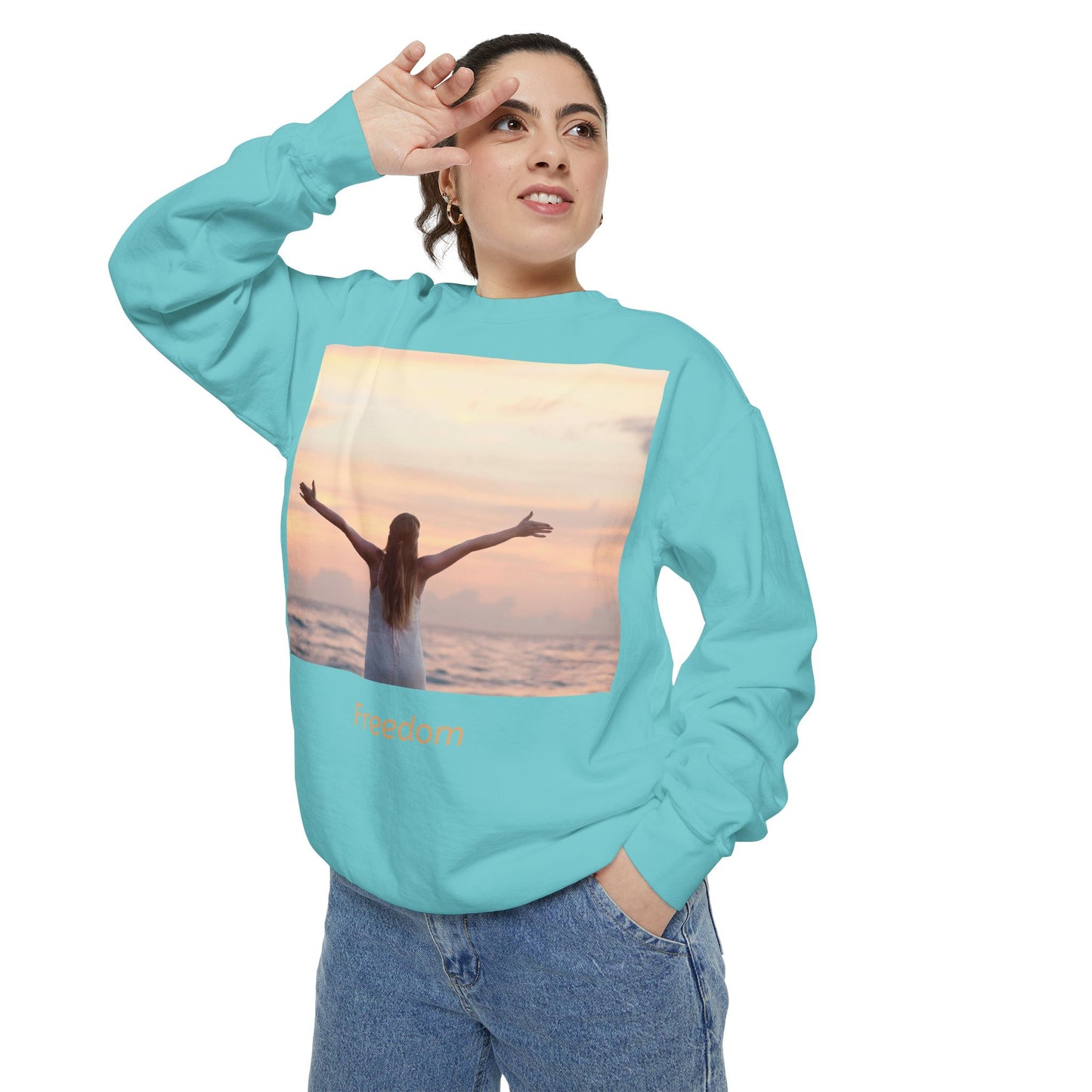 Freedom Beach Sweatshirt — Sunset Woman Photo Graphic Sweatshirt