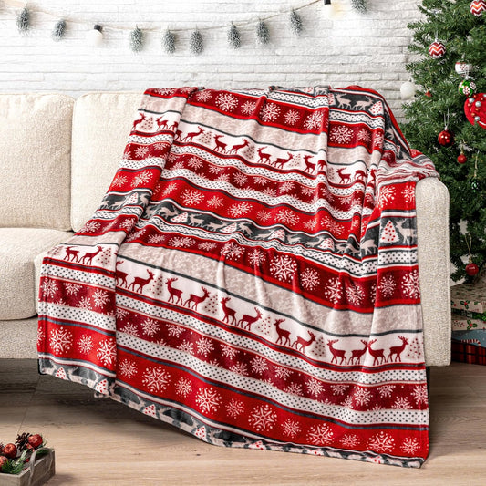 Christmas Throw Blanket | Holiday Christmas Reindeer Snowflakes Fleece Blanket | Soft, Plush, Warm Winter Cabin Throw, 50X60 (Christmas Red)