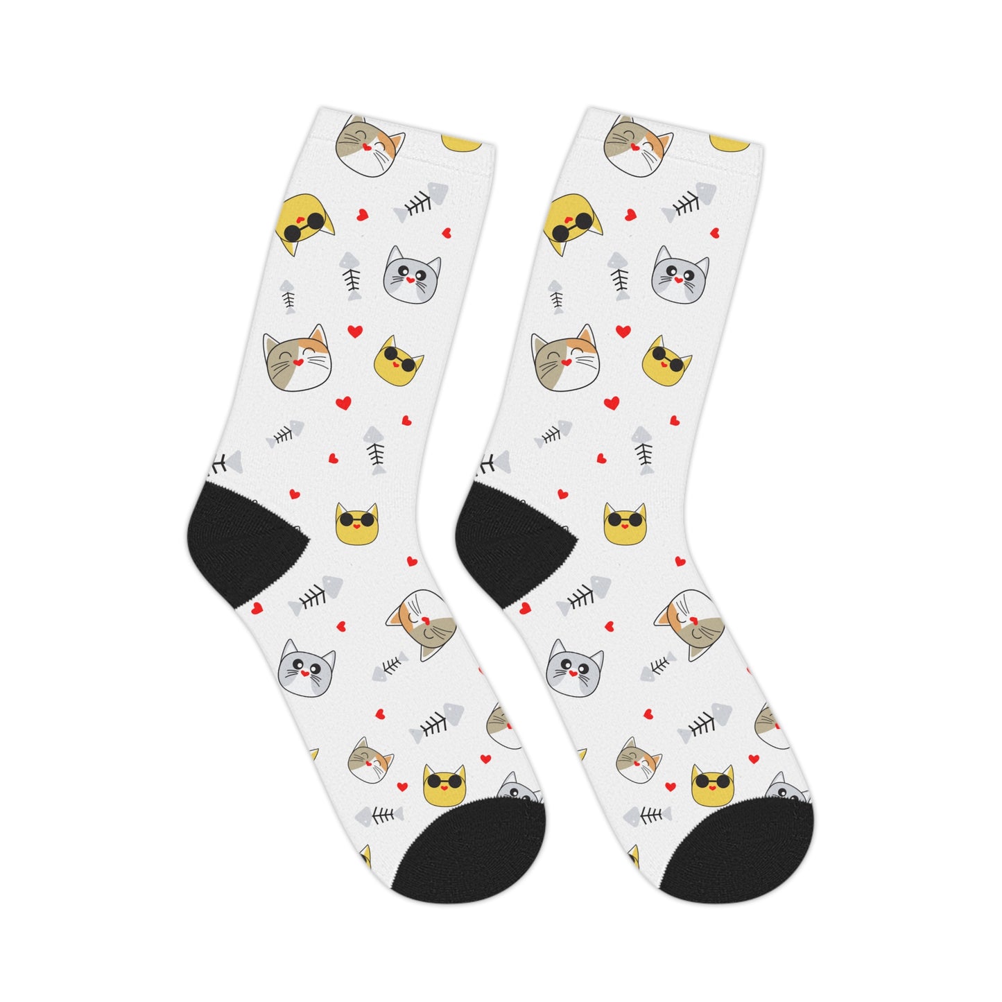 Cute Cat Faces Mid-Length Socks — White Patterned Kitten Crew Socks