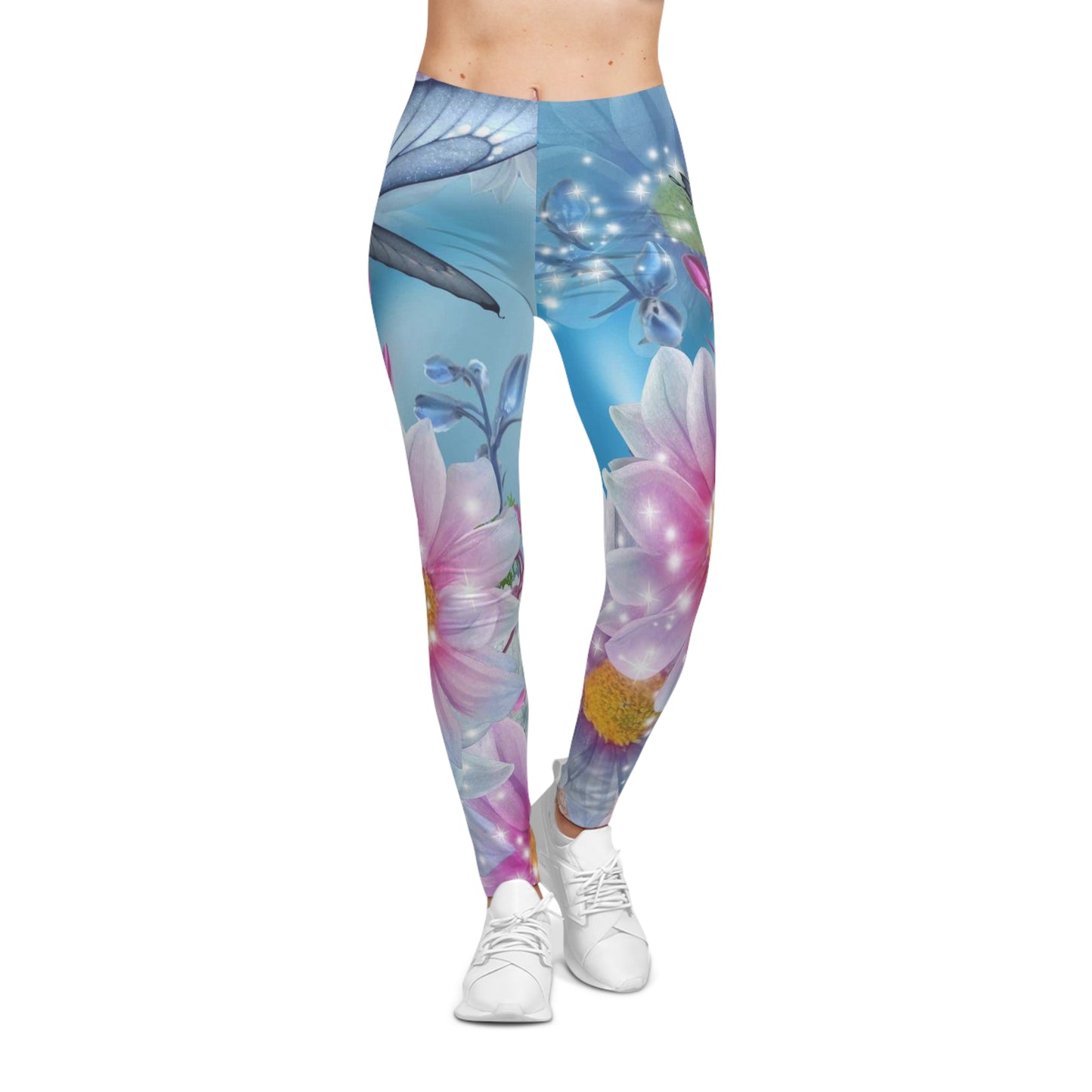 Floral Sparkle Leggings — Pastel Daisy & Butterfly All-Over Print
