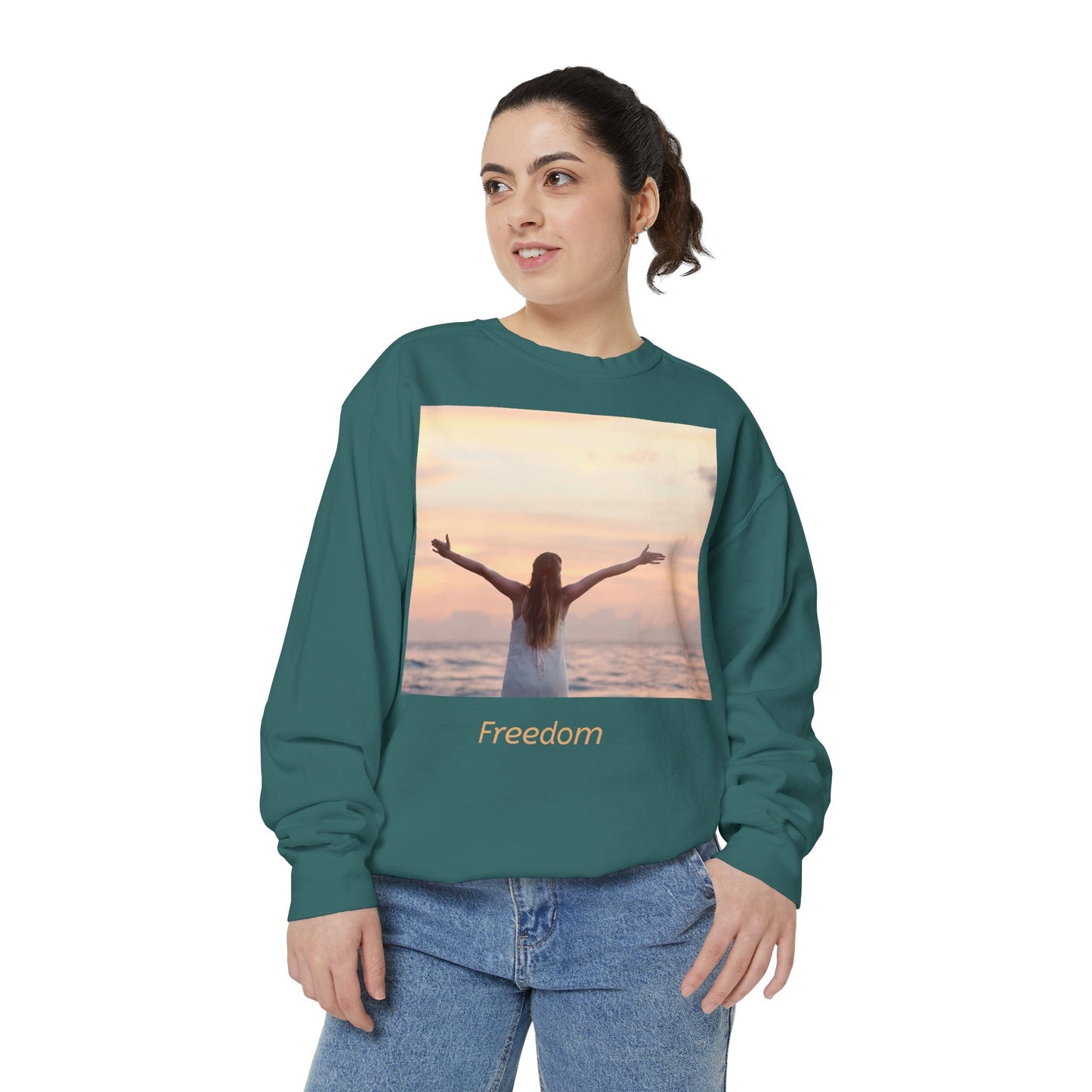 Freedom Beach Sweatshirt — Sunset Woman Photo Graphic Sweatshirt