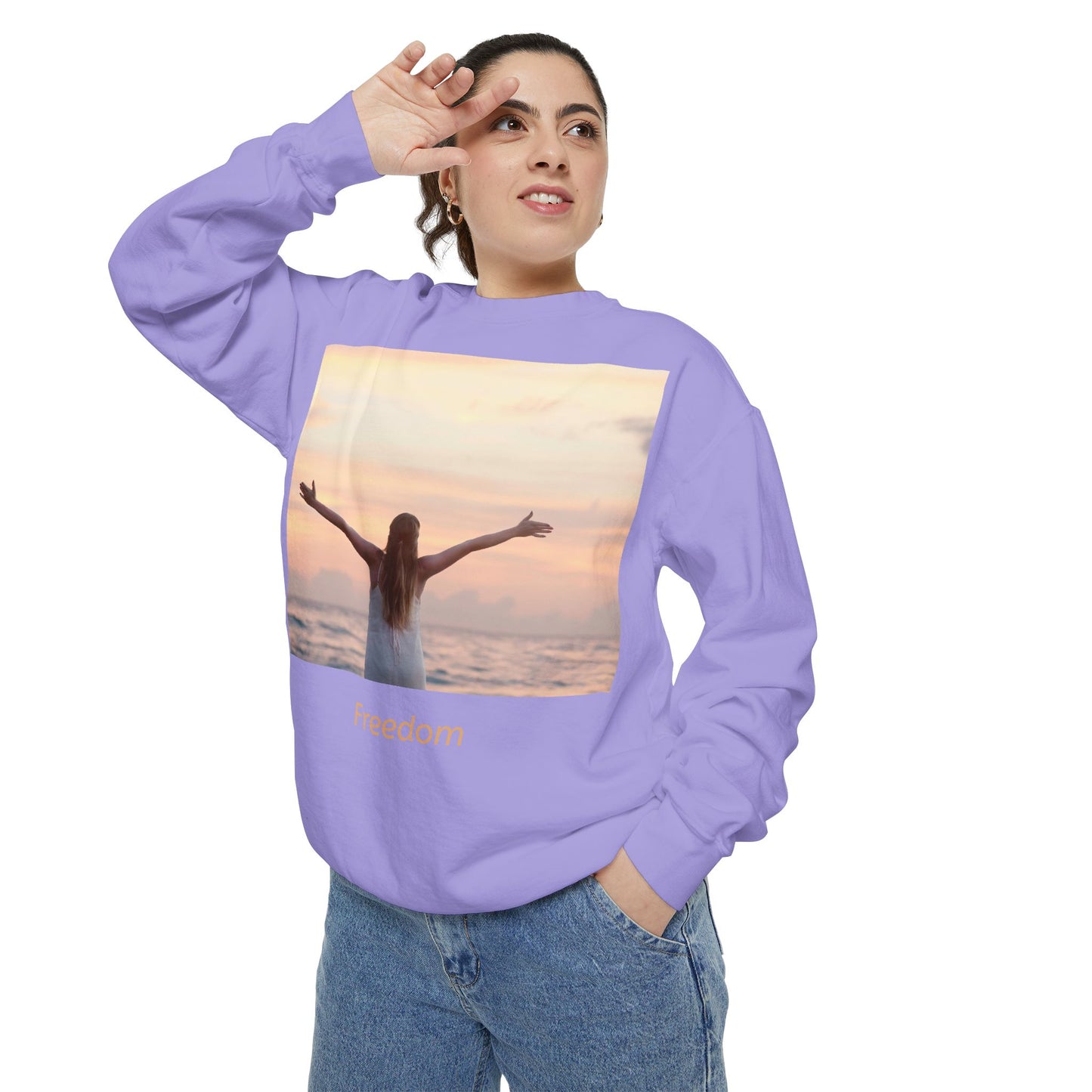 Freedom Beach Sweatshirt — Sunset Woman Photo Graphic Sweatshirt
