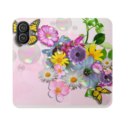 Floral Butterfly Phone Flip Case — Pink Bouquet Wallet Cover