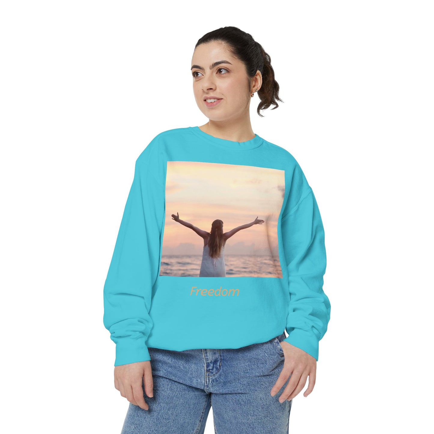 Freedom Beach Sweatshirt — Sunset Woman Photo Graphic Sweatshirt