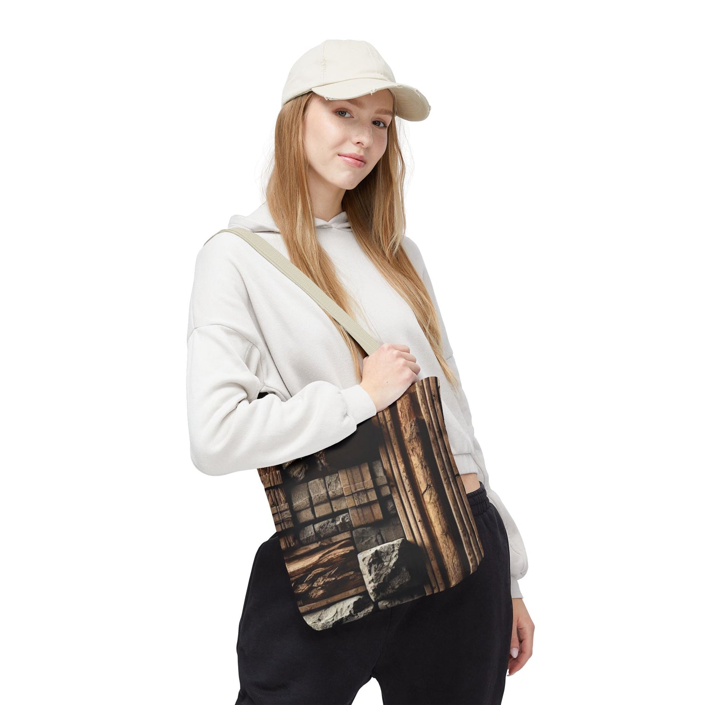 Stone Carving Pattern Tote Bag — Rustic Architectural Print All-Over Tote
