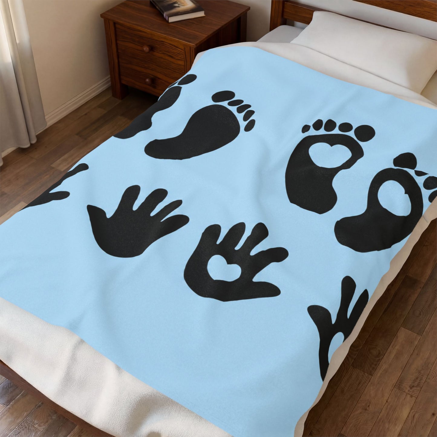 Plush Blanket — Baby Feet & Hands Heart Pattern, Soft Velveteen Baby Shower Gift