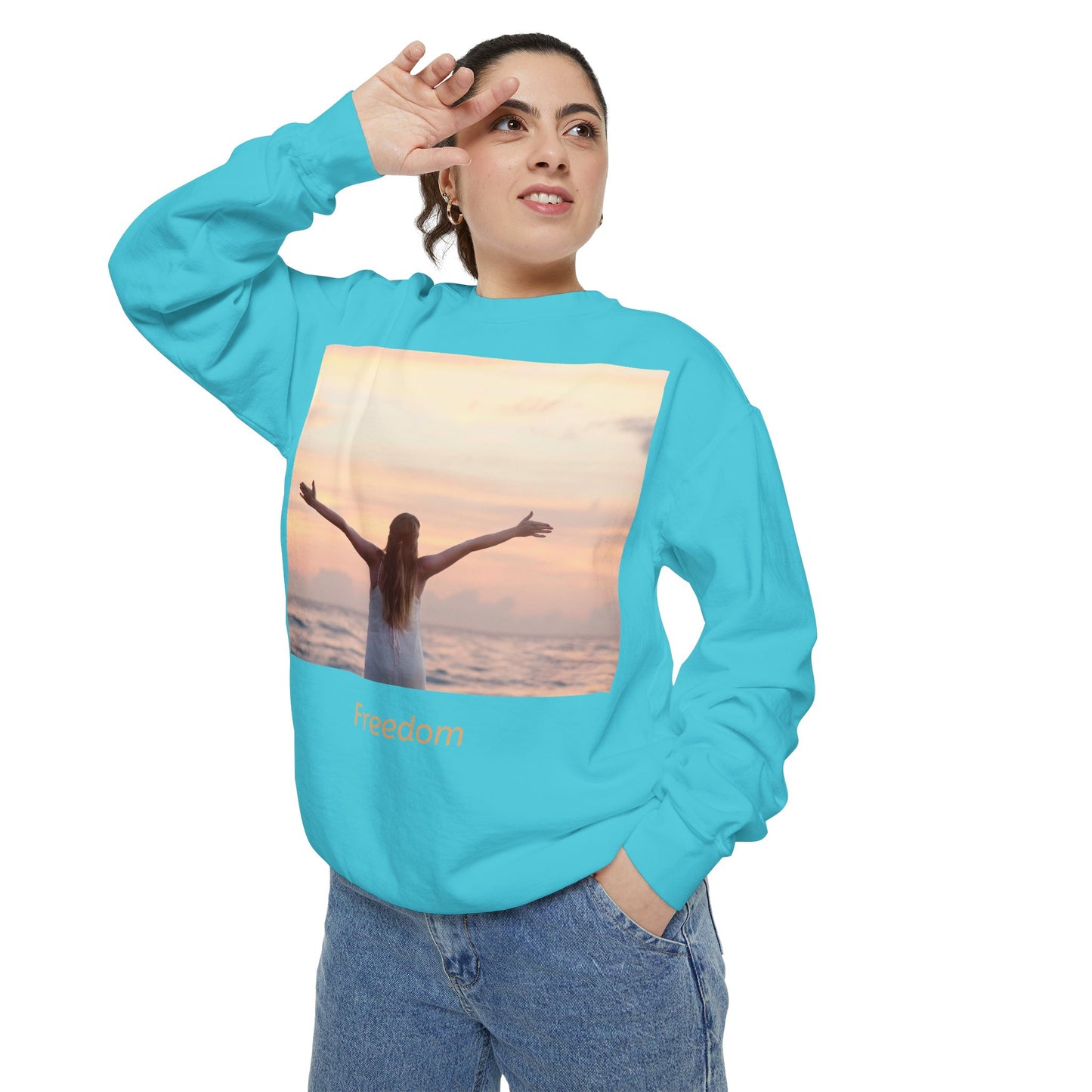 Freedom Beach Sweatshirt — Sunset Woman Photo Graphic Sweatshirt