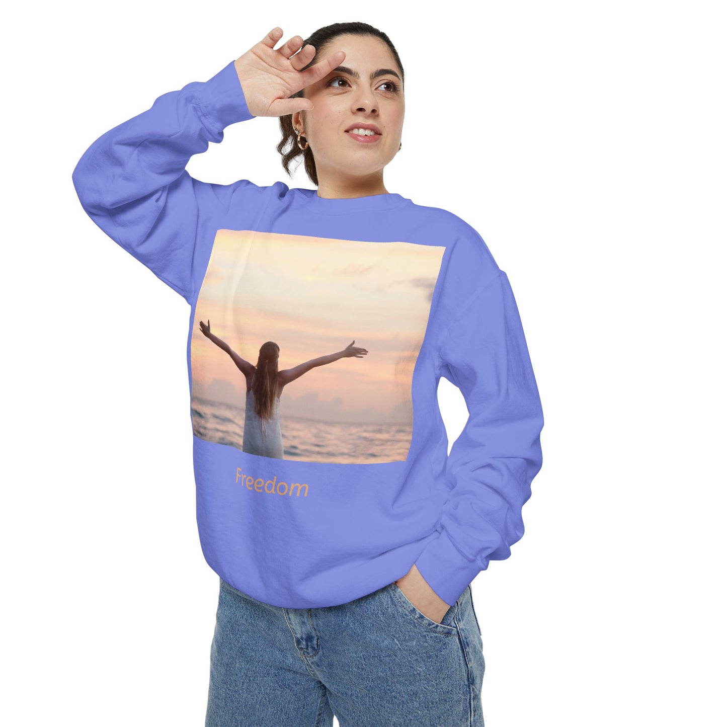 Freedom Beach Sweatshirt — Sunset Woman Photo Graphic Sweatshirt