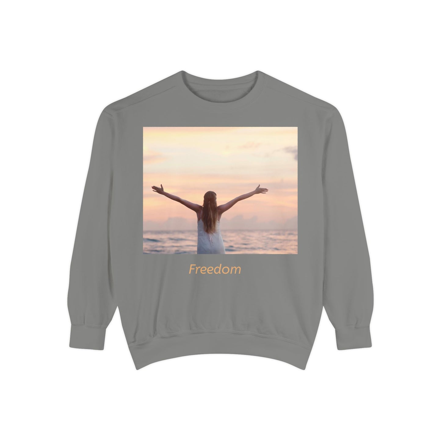 Freedom Beach Sweatshirt — Sunset Woman Photo Graphic Sweatshirt