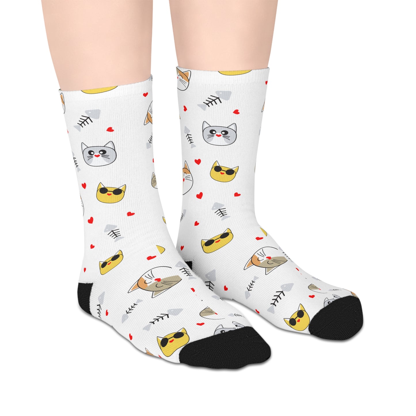 Cute Cat Faces Mid-Length Socks — White Patterned Kitten Crew Socks