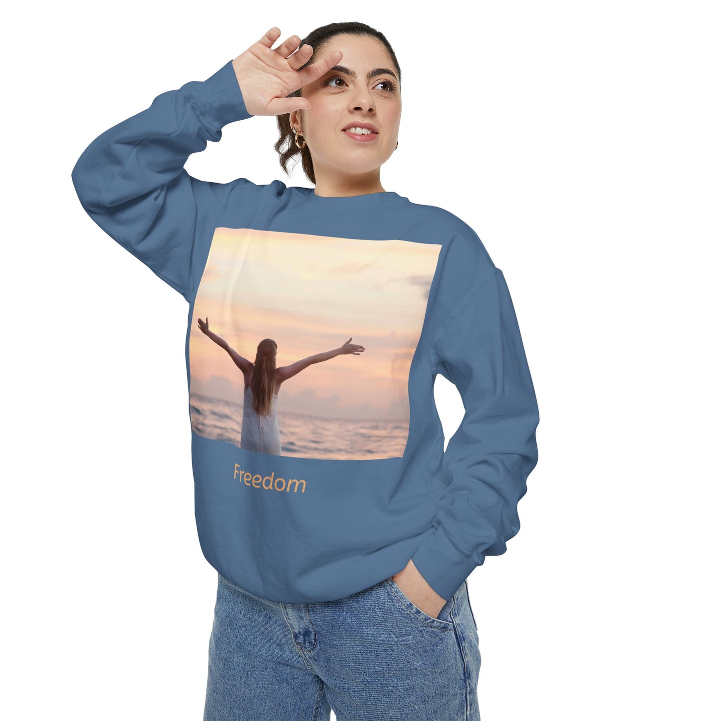 Freedom Beach Sweatshirt — Sunset Woman Photo Graphic Sweatshirt