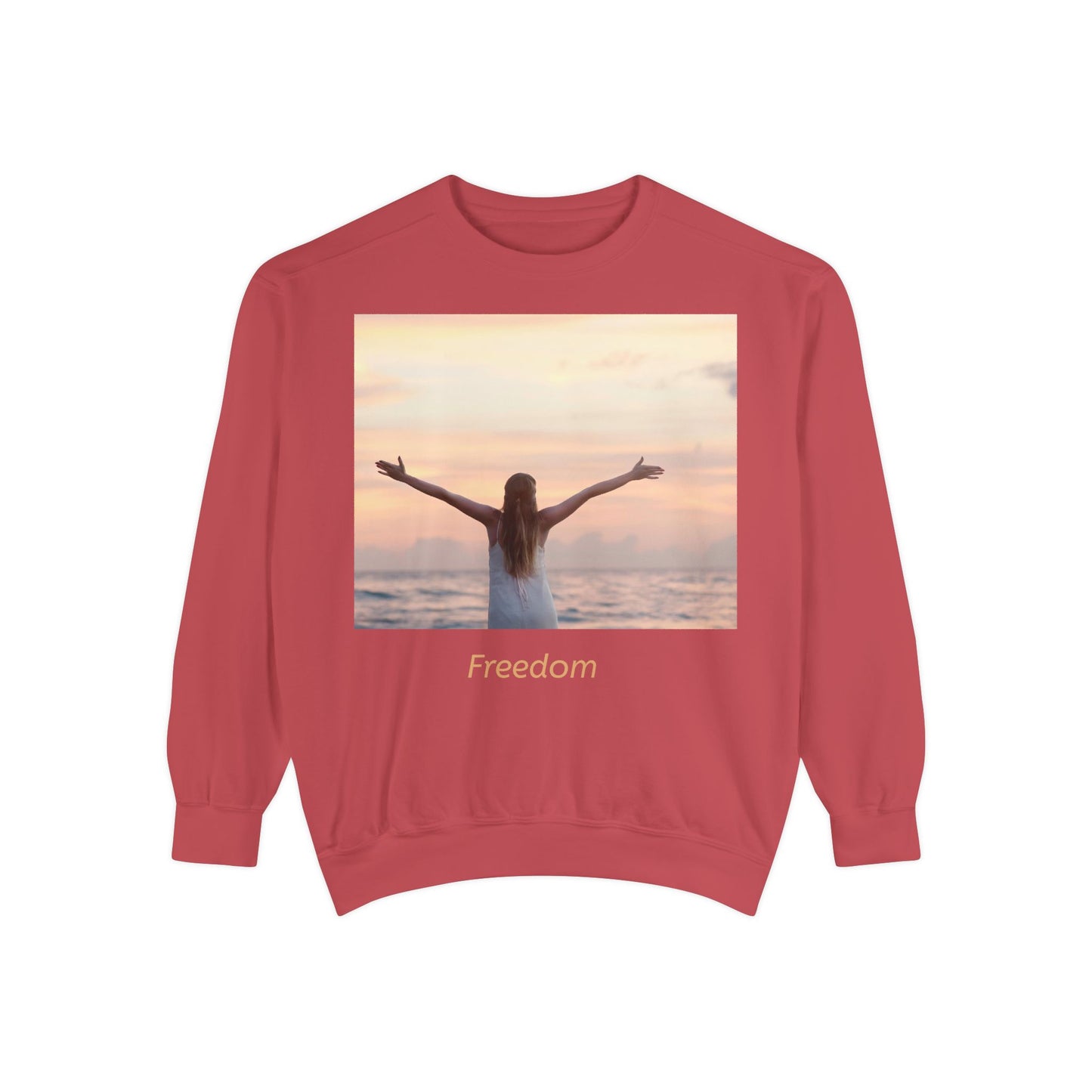 Freedom Beach Sweatshirt — Sunset Woman Photo Graphic Sweatshirt