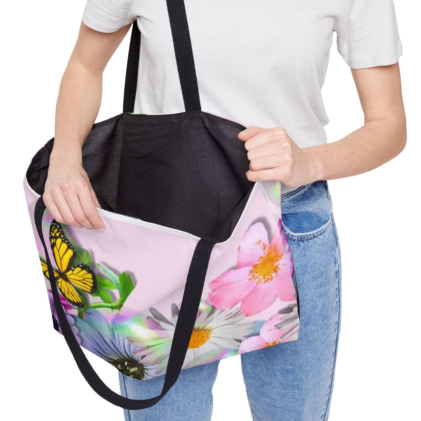 Floral Butterfly Weekender Tote Bag — Pink Garden Flowers Carryall