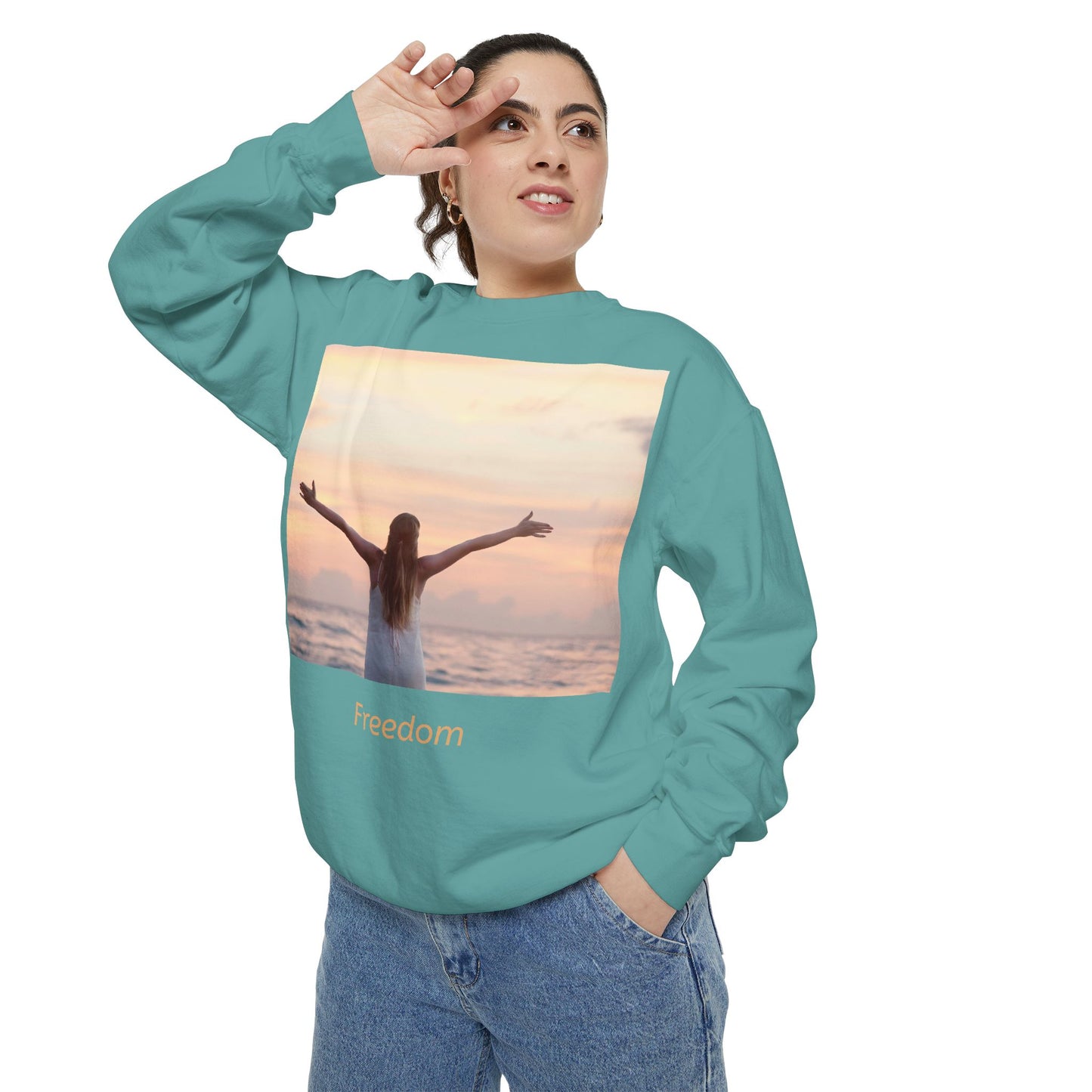 Freedom Beach Sweatshirt — Sunset Woman Photo Graphic Sweatshirt