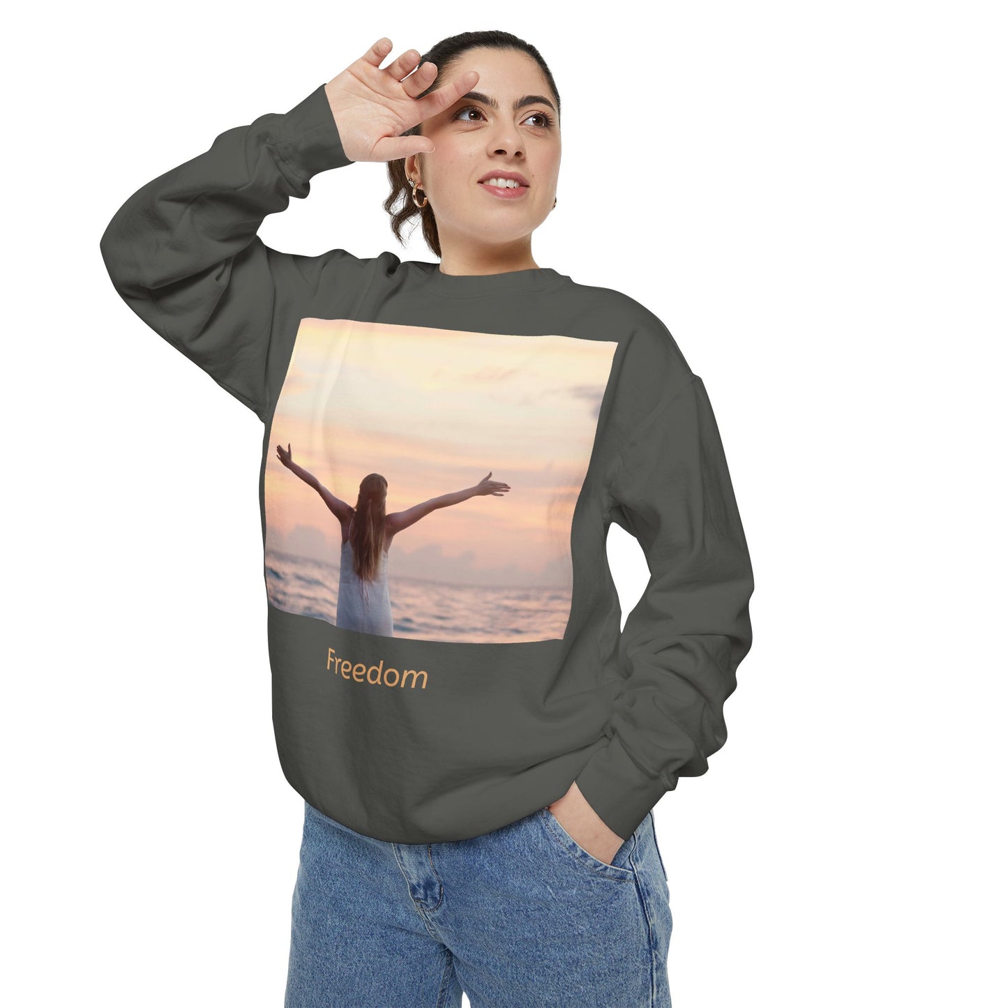 Freedom Beach Sweatshirt — Sunset Woman Photo Graphic Sweatshirt