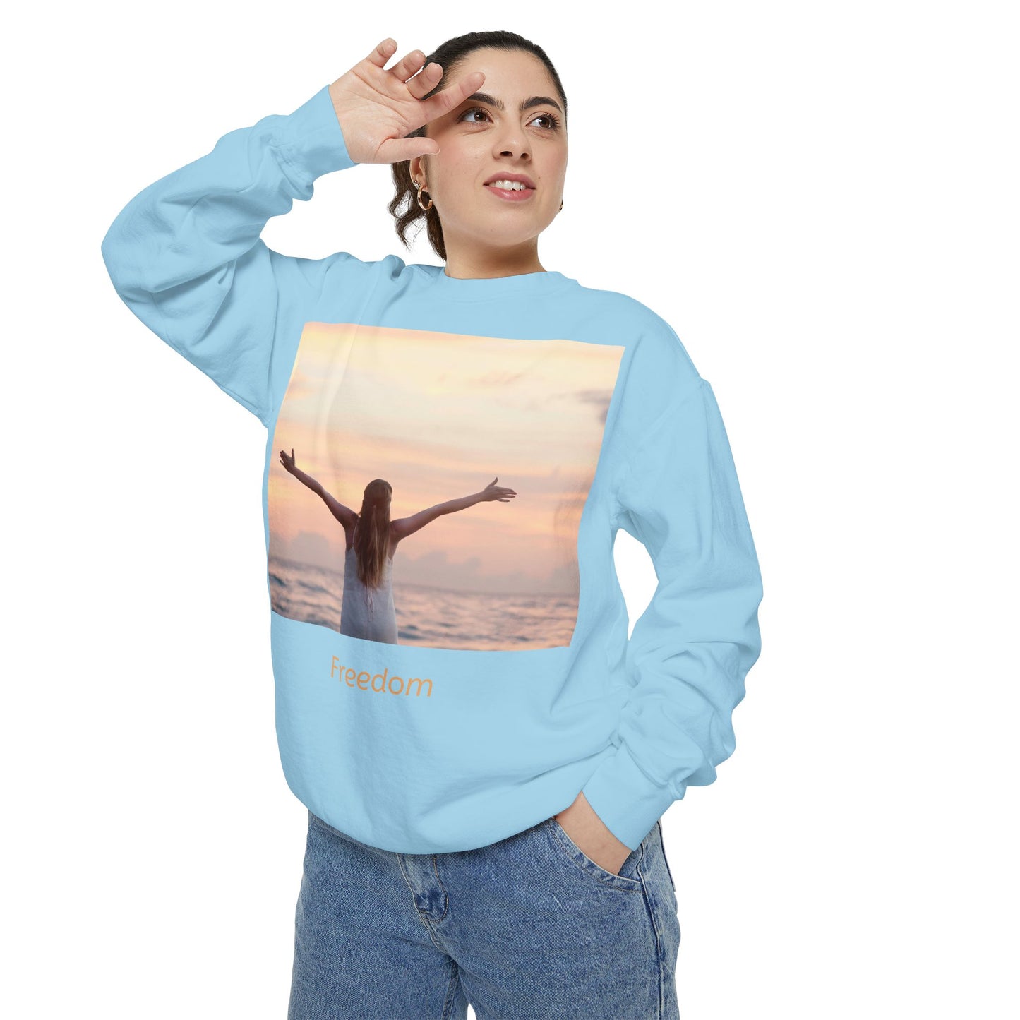 Freedom Beach Sweatshirt — Sunset Woman Photo Graphic Sweatshirt