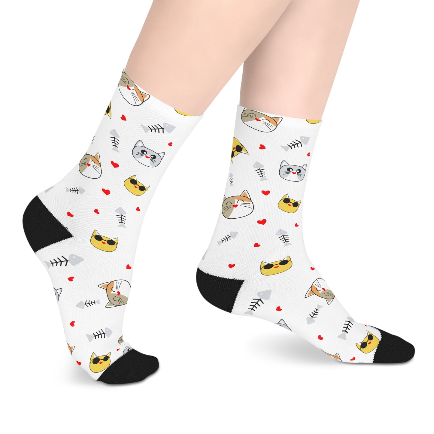 Cute Cat Faces Mid-Length Socks — White Patterned Kitten Crew Socks