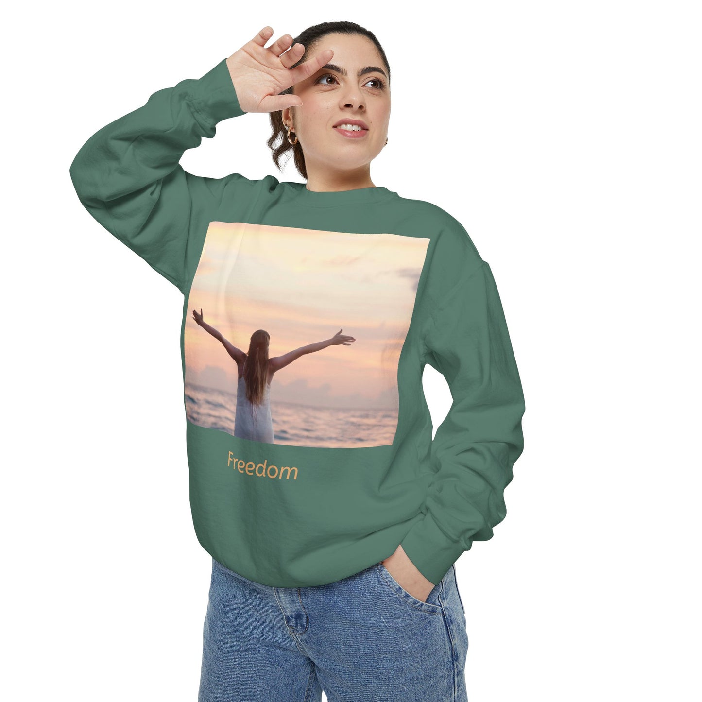 Freedom Beach Sweatshirt — Sunset Woman Photo Graphic Sweatshirt