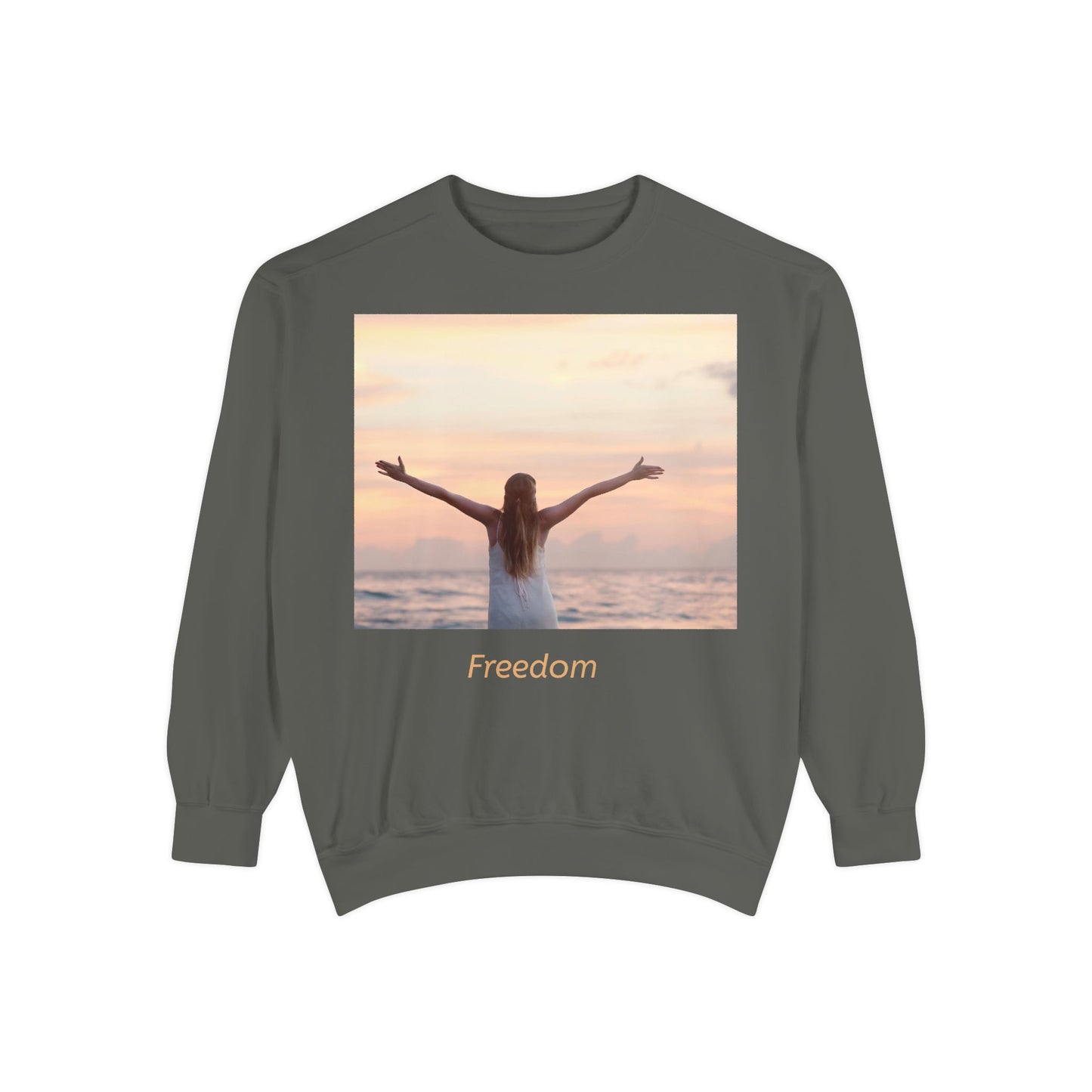 Freedom Beach Sweatshirt — Sunset Woman Photo Graphic Sweatshirt