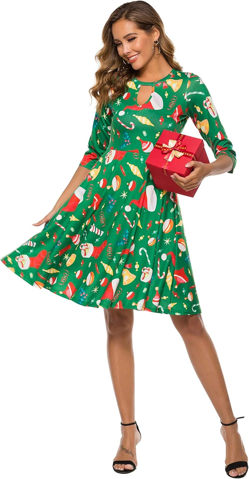 Women'S Ugly Christmas Half Sleeve Xmas Patterned Holiday Party Casual Swing Dress