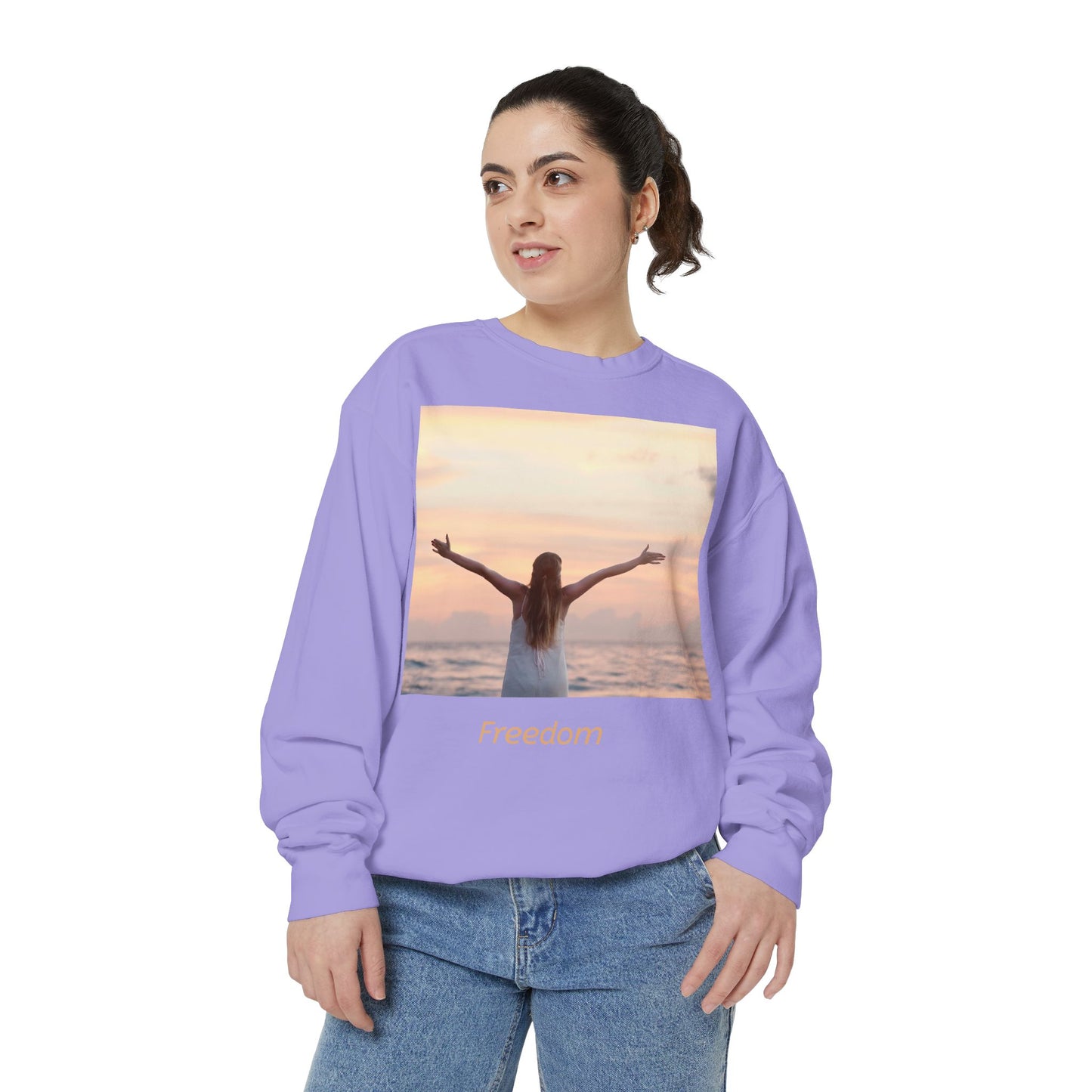 Freedom Beach Sweatshirt — Sunset Woman Photo Graphic Sweatshirt